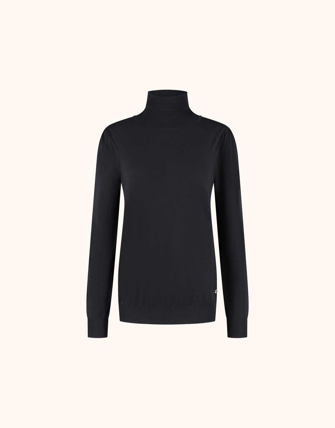 Packshot of the Shania Black jumper in organic cotton knit with a roll neck.