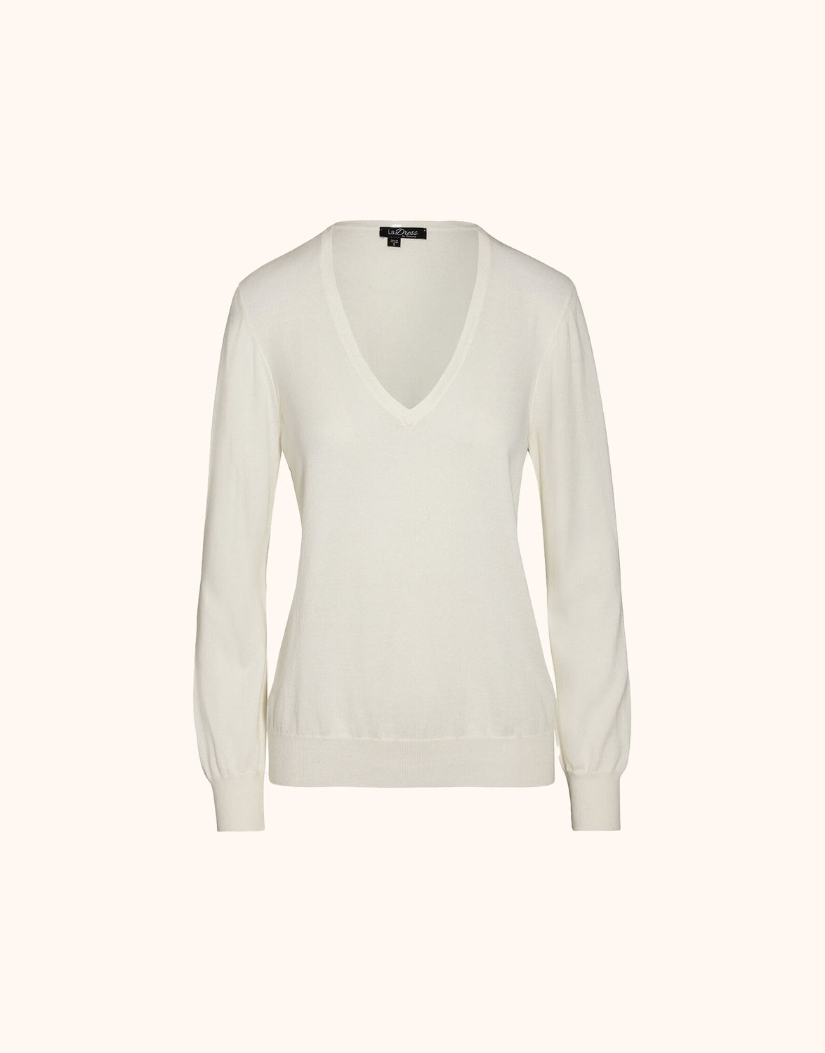 Packshot of the Loretta Ivory jumper in organic cotton knit with a deep V-neck.