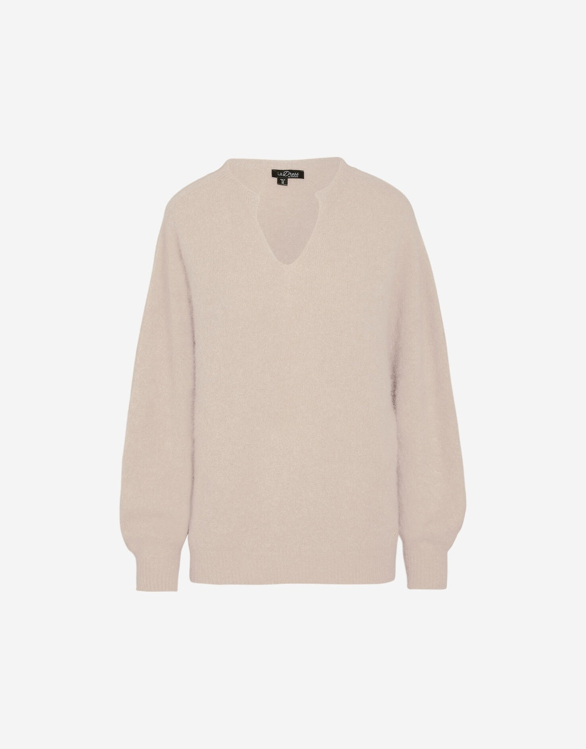 Packshot of the Stefania Camel jumper in alpaca blend with a V-neck and wide sleeves.