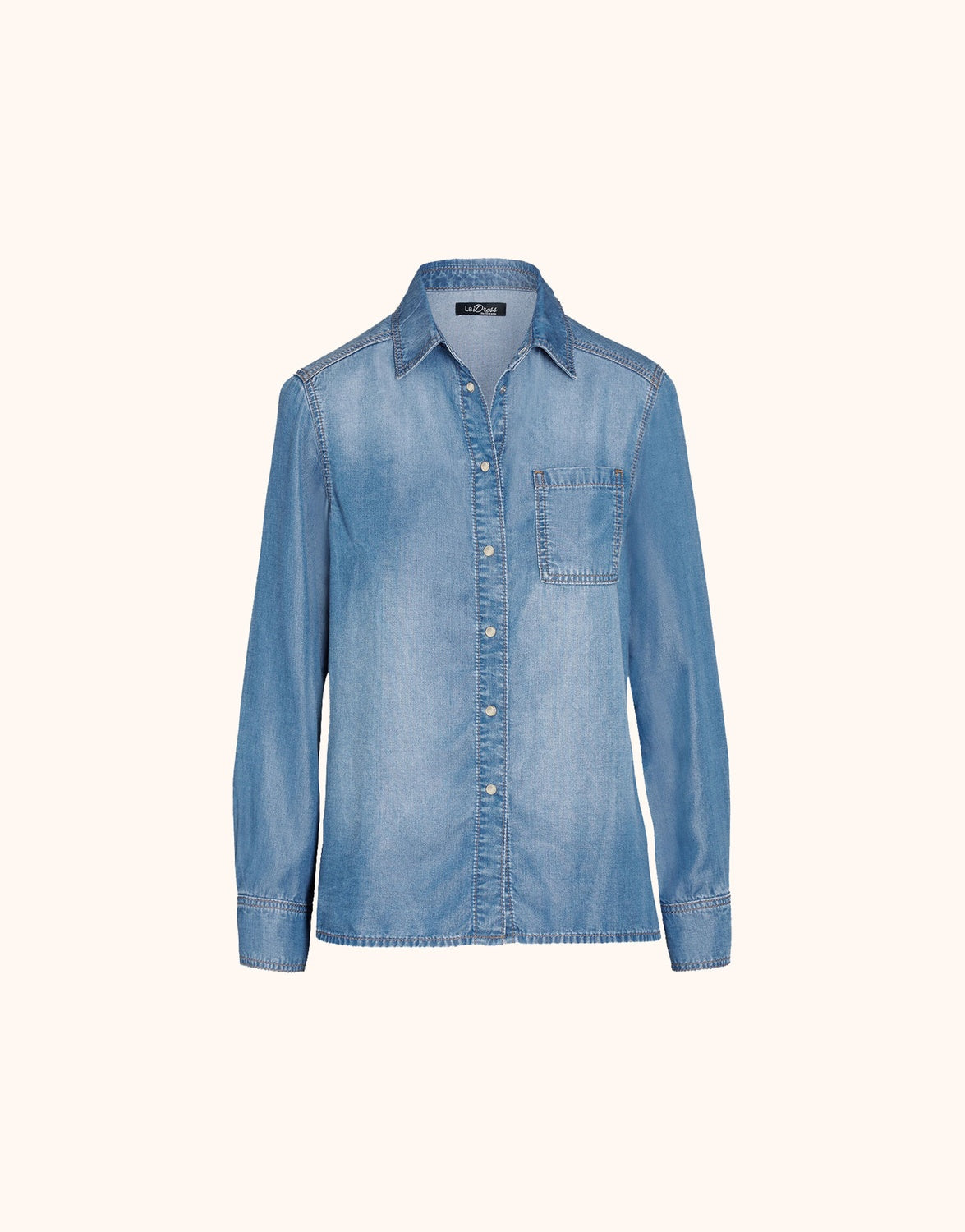 Packshot of the Andrea Light Indigo shirt in lyocell denim with a button front.