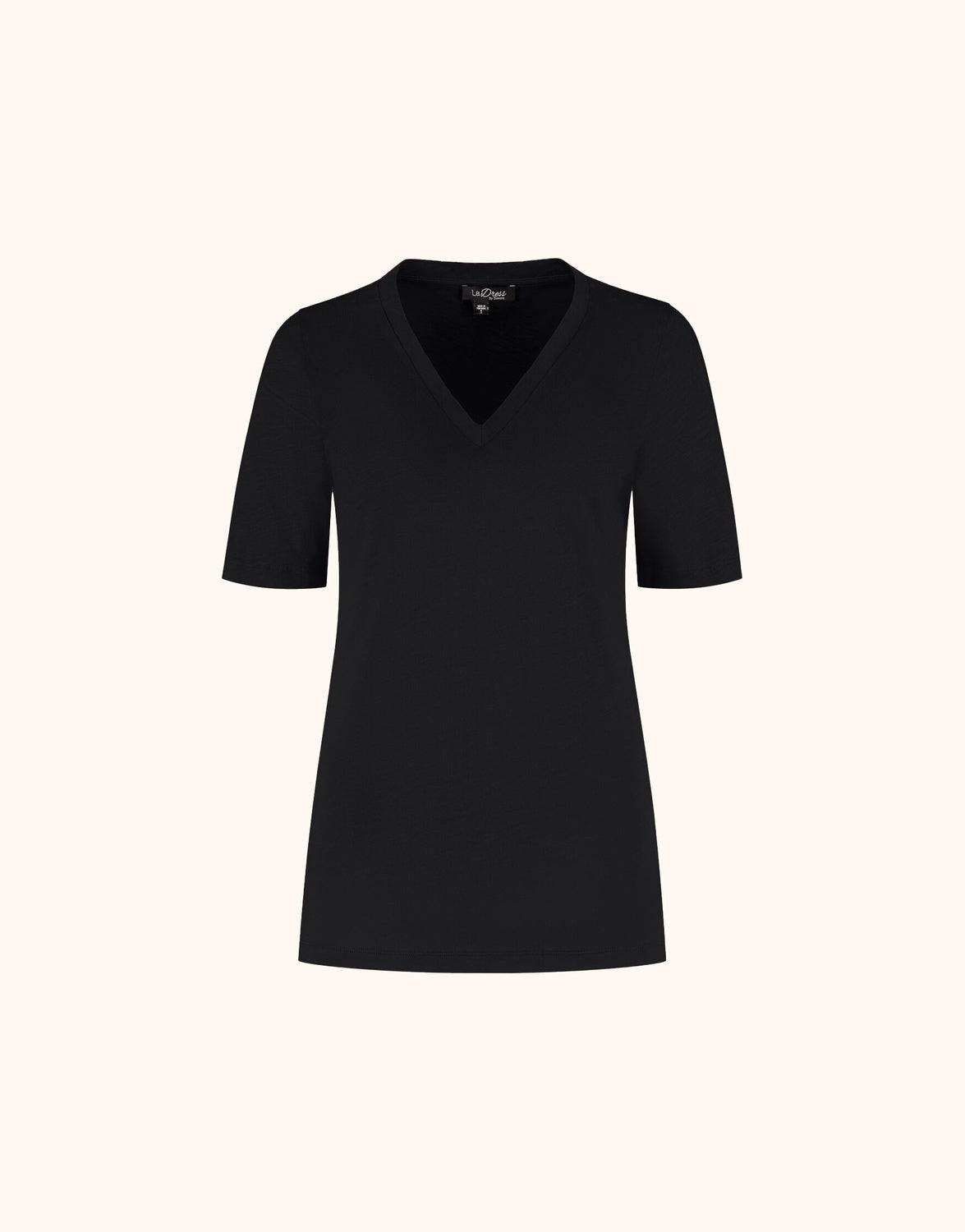 Packshot of the Chiara Black T-shirt in cotton with a V-neck and short sleeves.