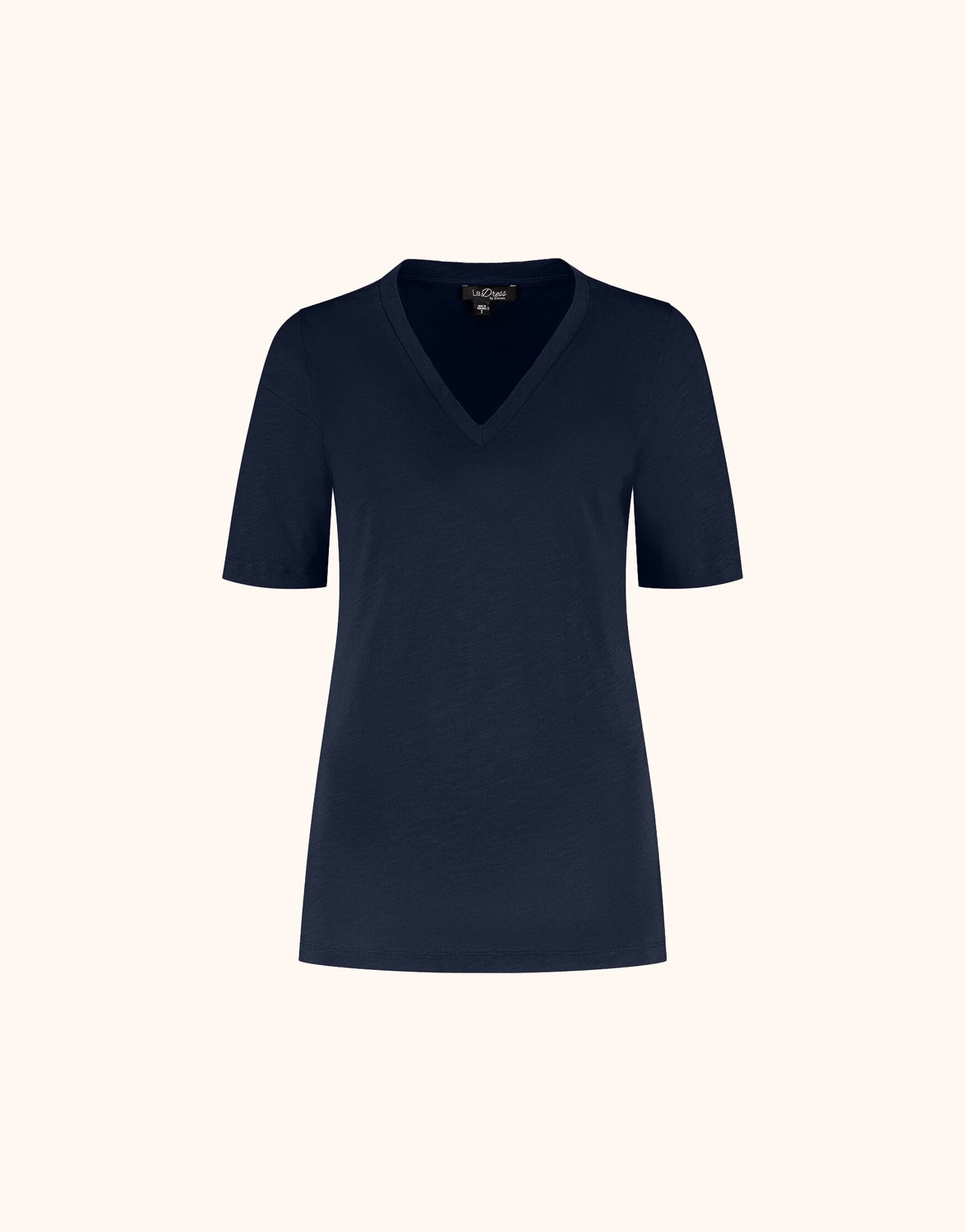 Packshot of the Chiara Midnight Blue T-shirt in cotton with a V-neck and short sleeves.