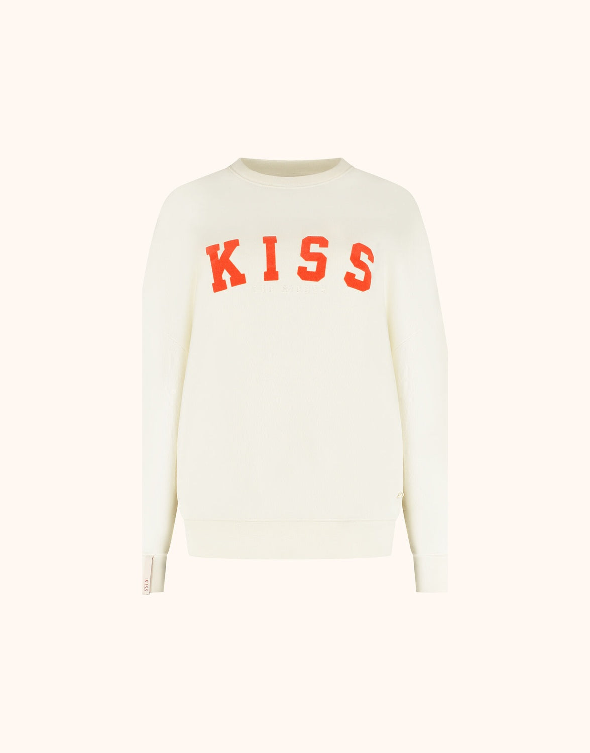 Packshot of the Story Sweater Ivory Red in organic cotton knit with a KISS print.