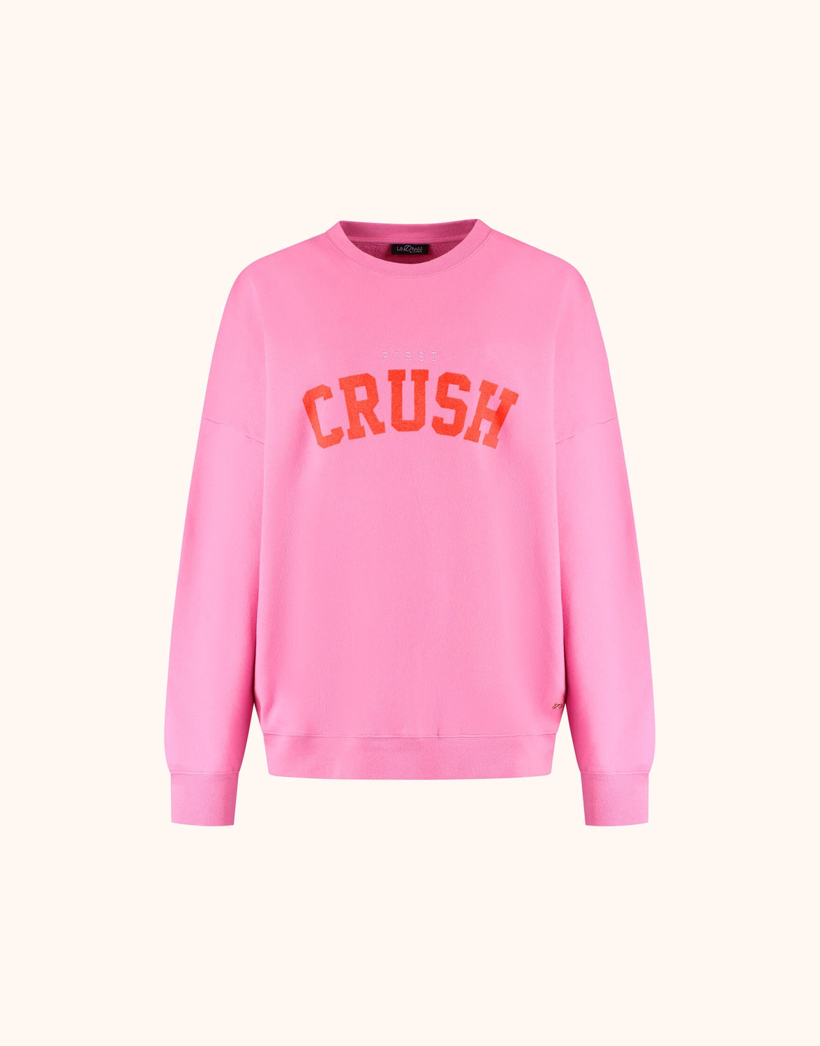 Packshot of the Story Sweater Candy in organic cotton knit with a CRUSH print.