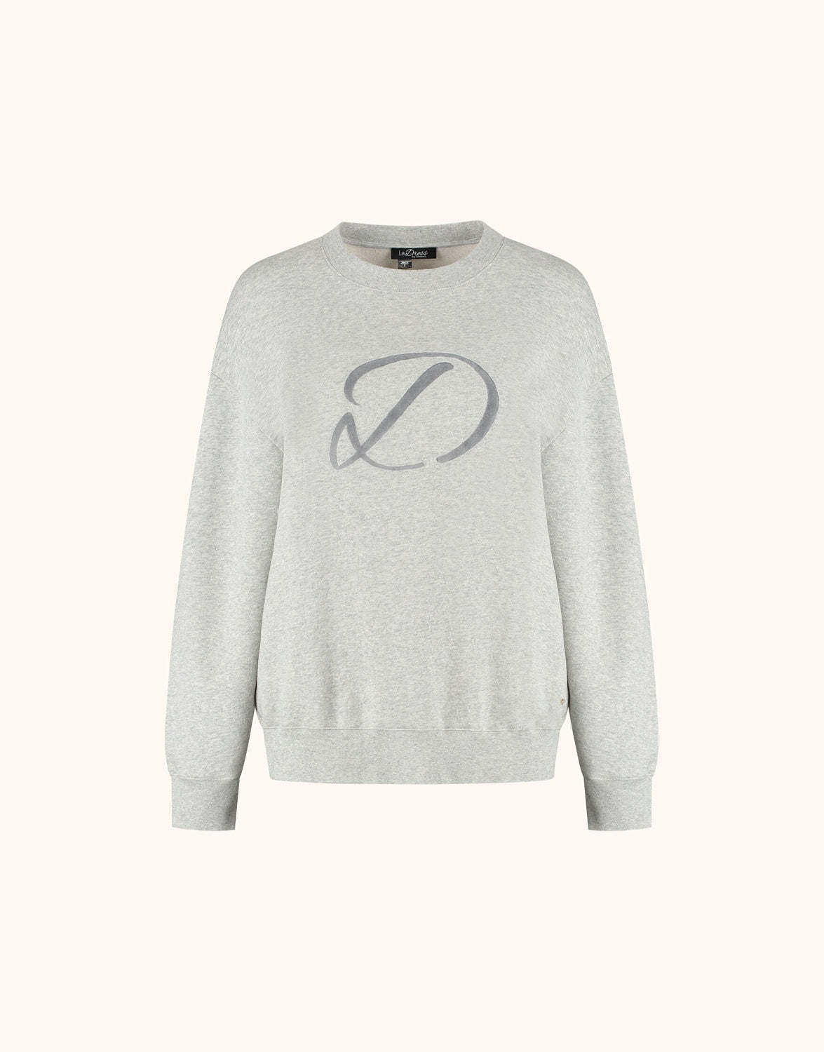 Packshot of the Candy Stone Grey Melange sweater in organic certified cotton with a tonal logo.