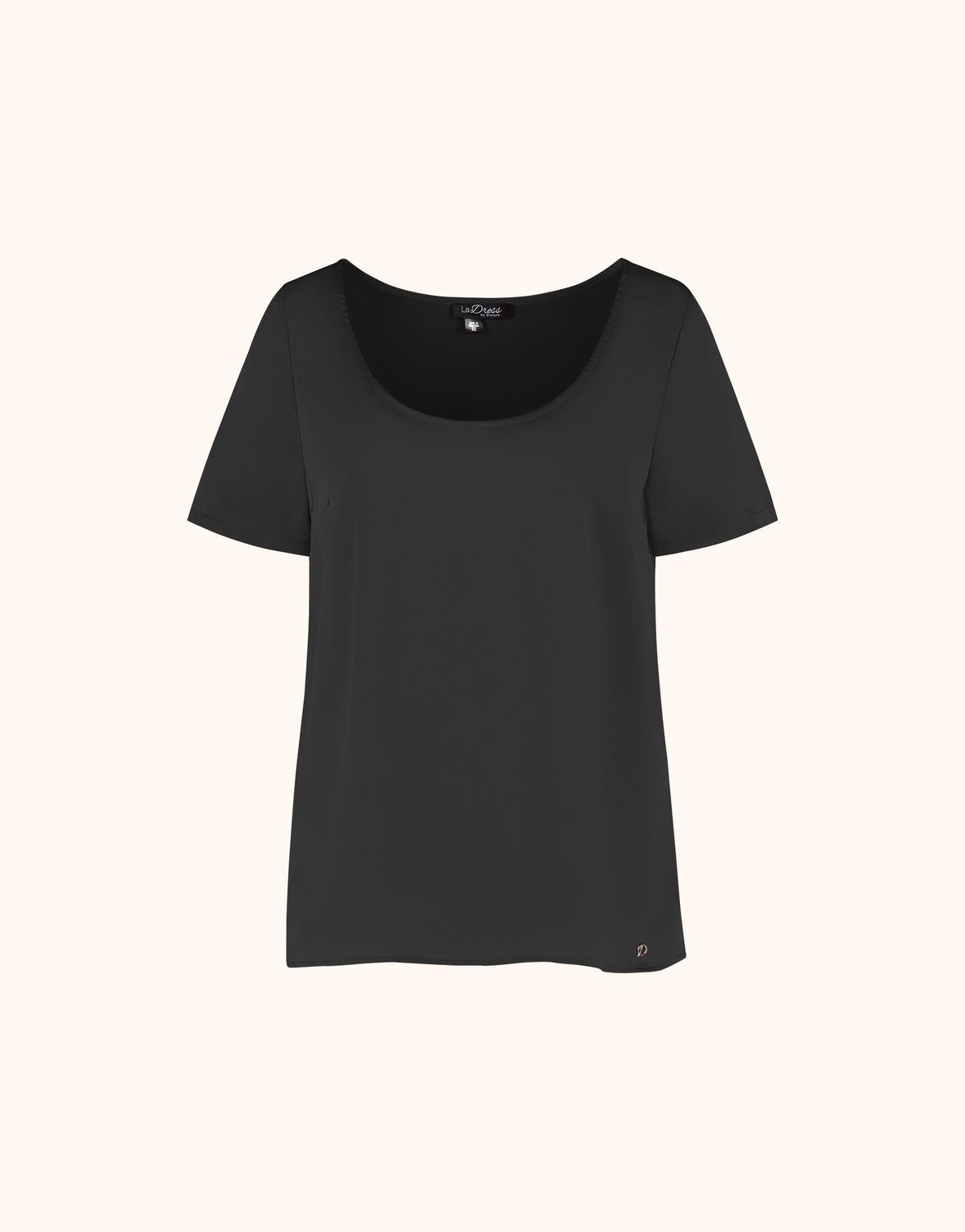 Packshot of the Doreen Black top in satin with a scoop neck and short sleeves.