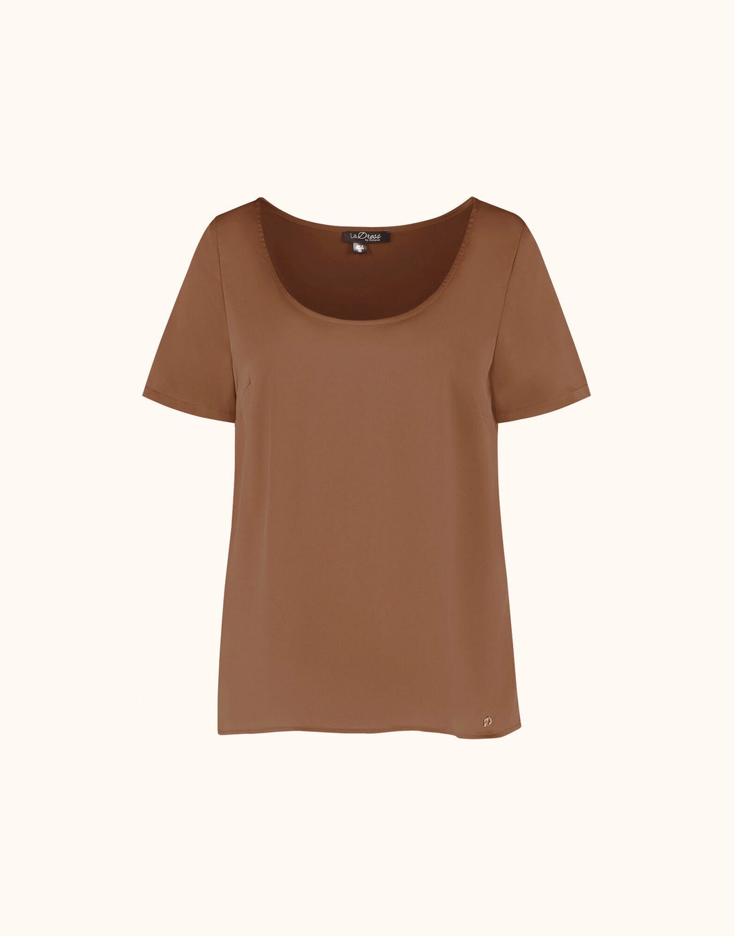 Packshot of the Doreen Cacao Brown top in satin with a scoop neck and short sleeves.