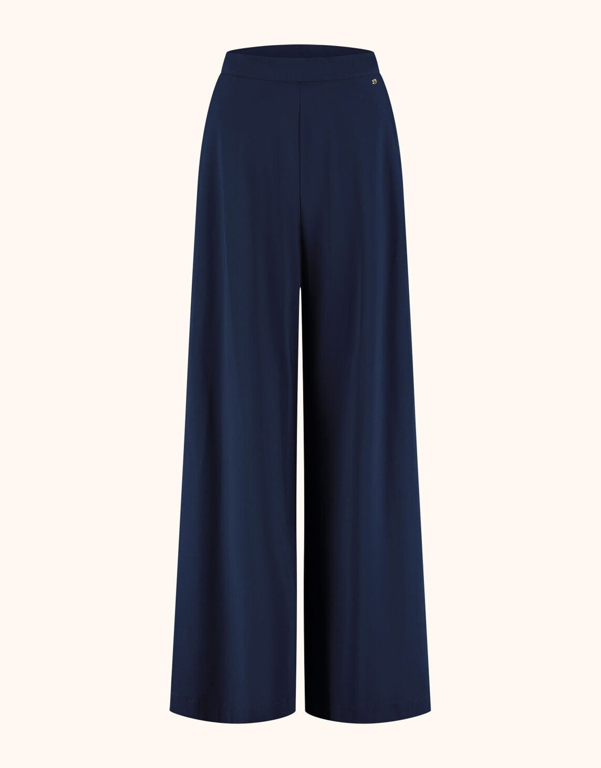 Packshot of the Savona Midnight Blue trousers in jersey lycra with a wide palazzo leg.