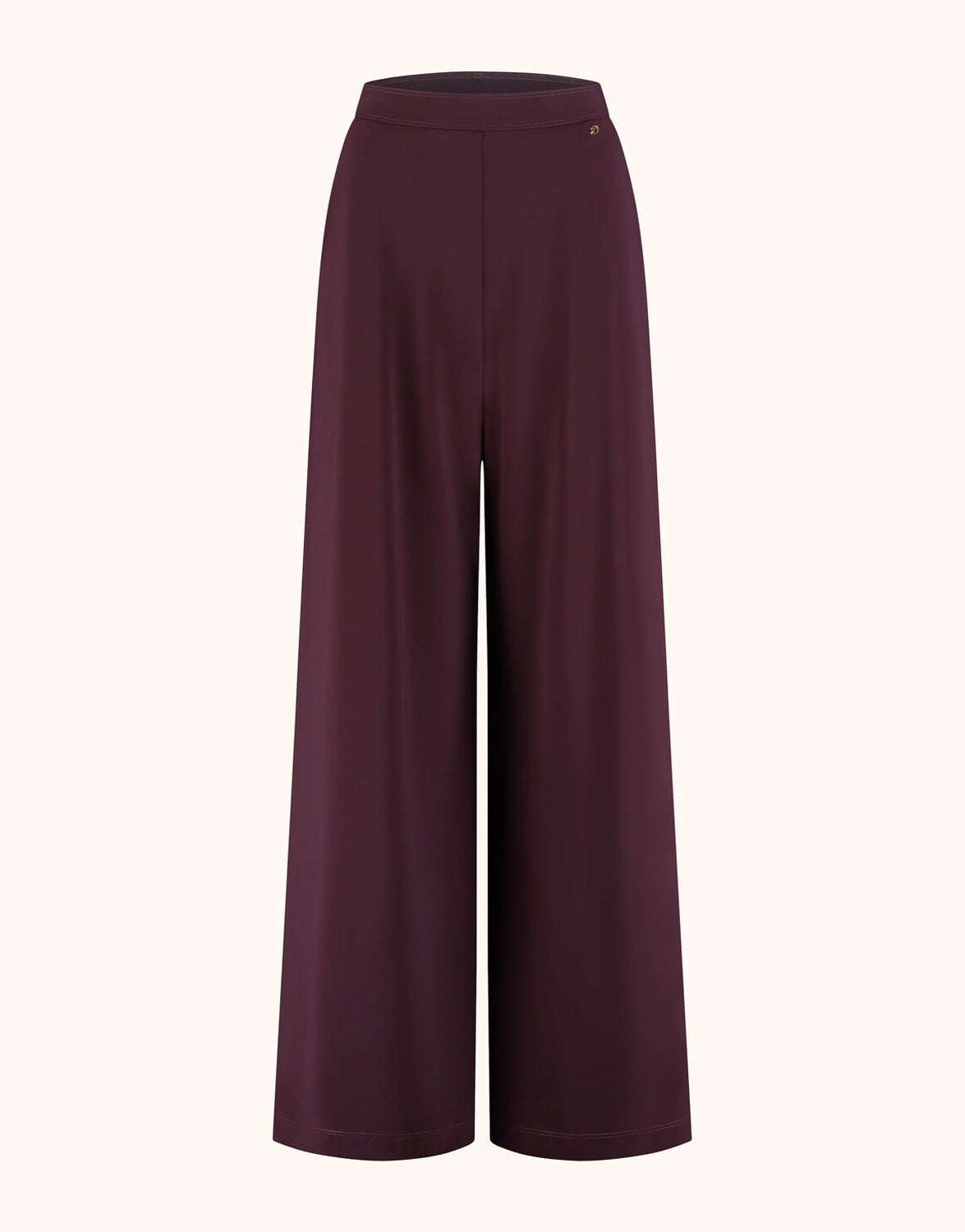 Packshot of the Savona Deep Aubergine trousers in jersey lycra with a wide palazzo leg.