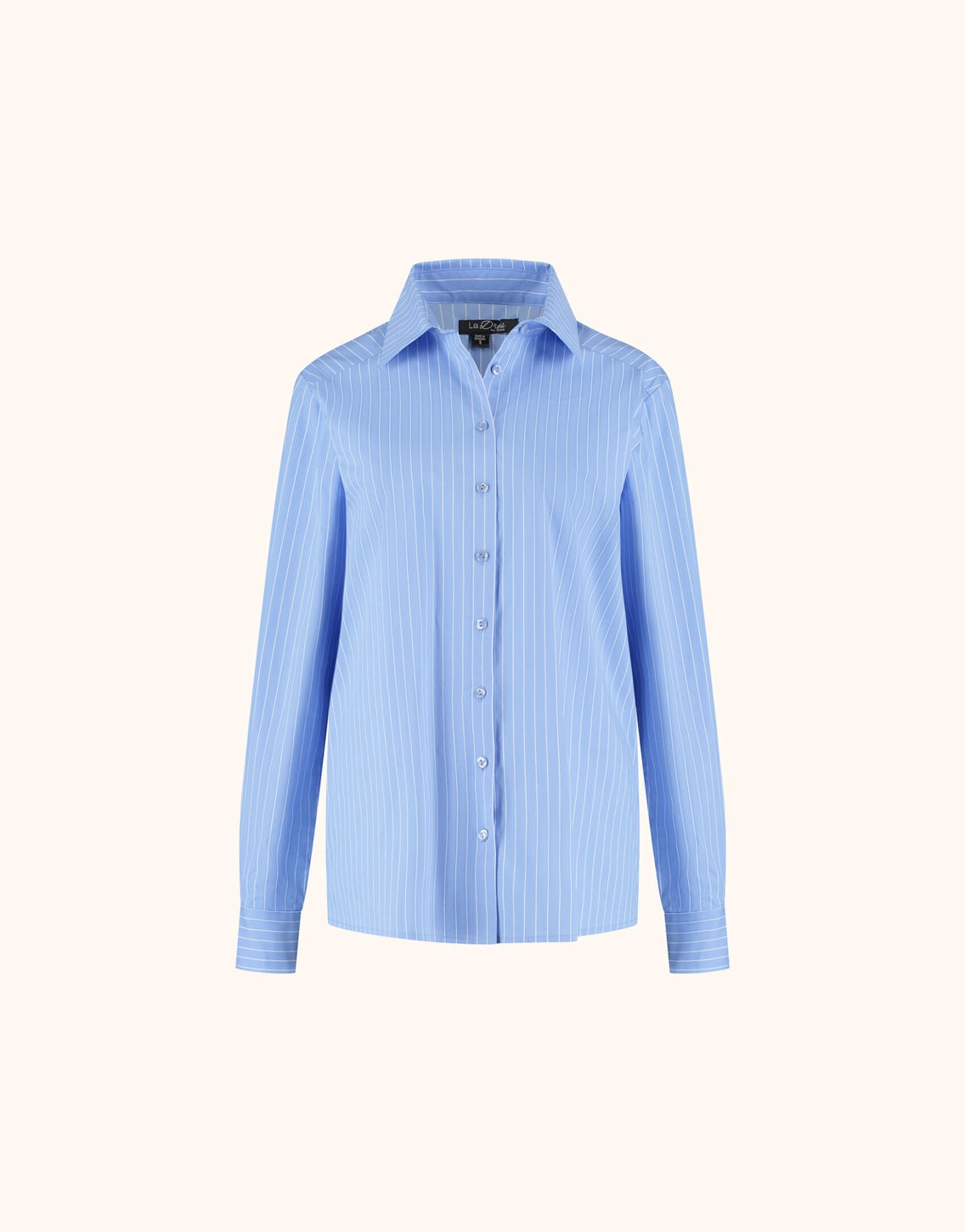 Packshot of the Naya Pin Stripe Light Blue blouse in cotton stretch poplin with a collar.