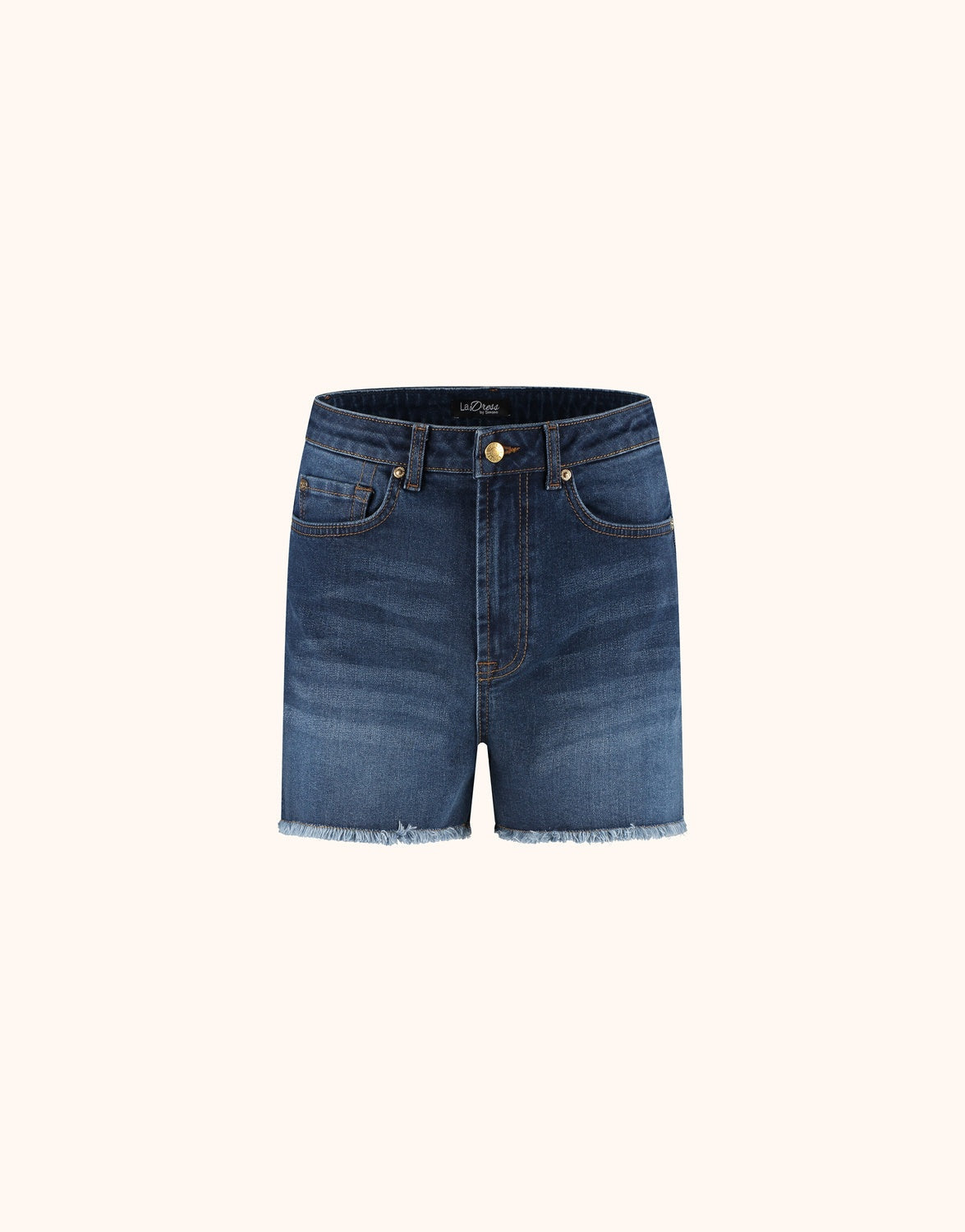 Packshot of the Lucca Dark Indigo shorts in stretch cotton with a frayed hem.