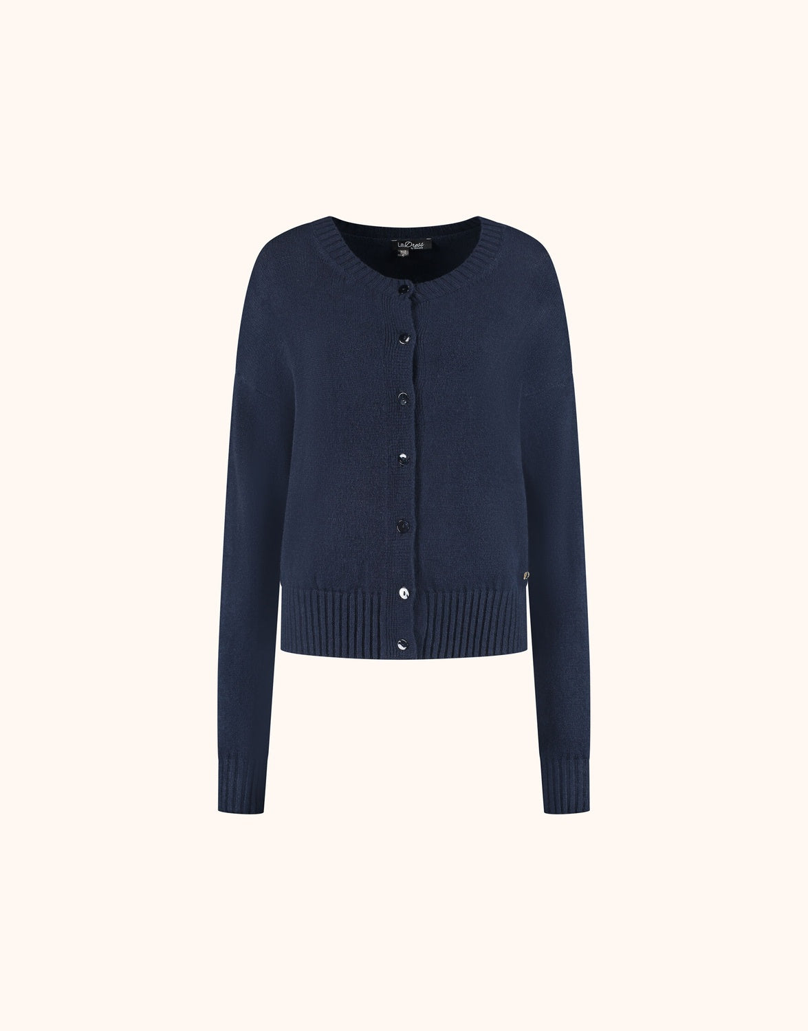 Packshot of the Tara Midnight Blue cardigan in viscose knit with a round neck and buttons.