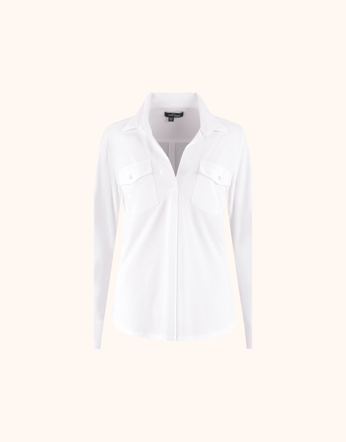 Packshot of the Esmee White blouse in jersey lycra with a collar and two chest pockets.