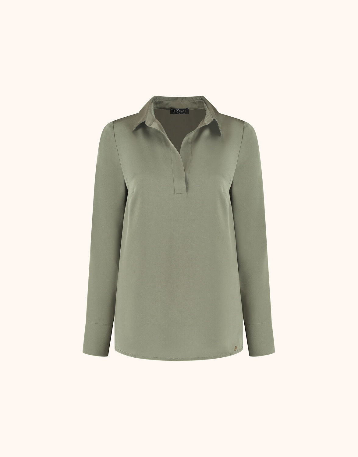 Packshot of the Clarissa Olive top in satin with a polo collar and long sleeves.