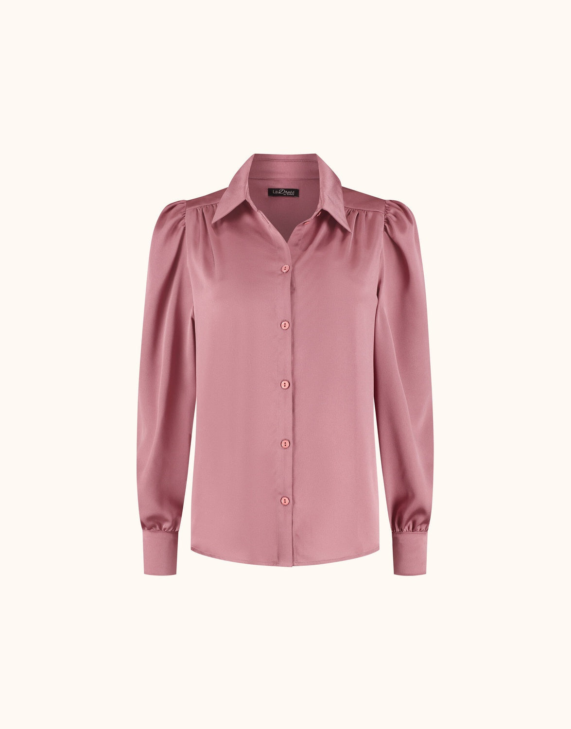 Packshot of the Tilda Dusty Pink blouse in satin with a collar and puff sleeves.