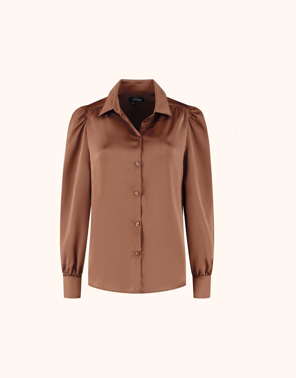 Packshot of the Tilda Cacao Brown blouse in satin with a collar and puff sleeves.