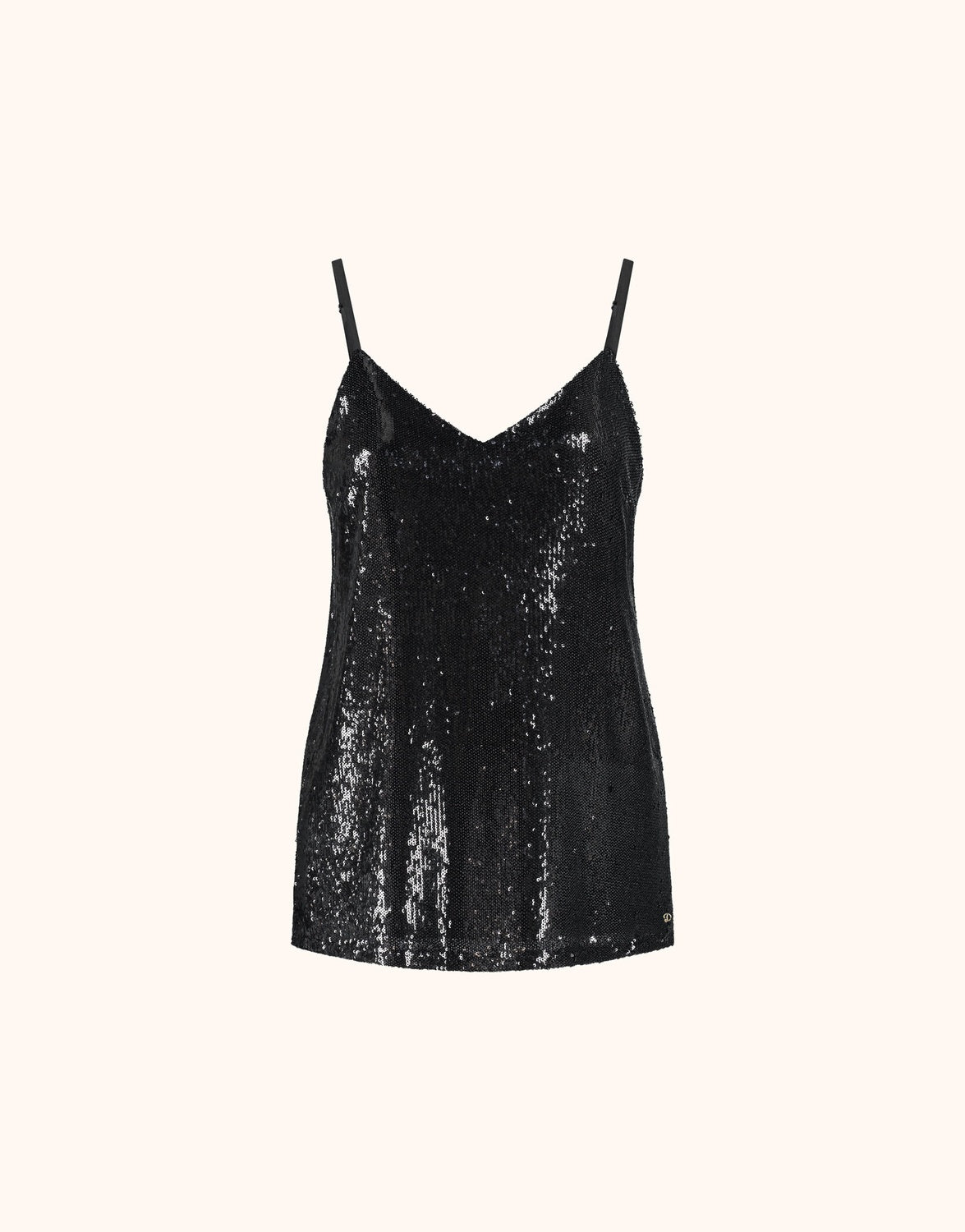 Packshot of the Malou Black top in sequins with a V-neck and narrow straps.