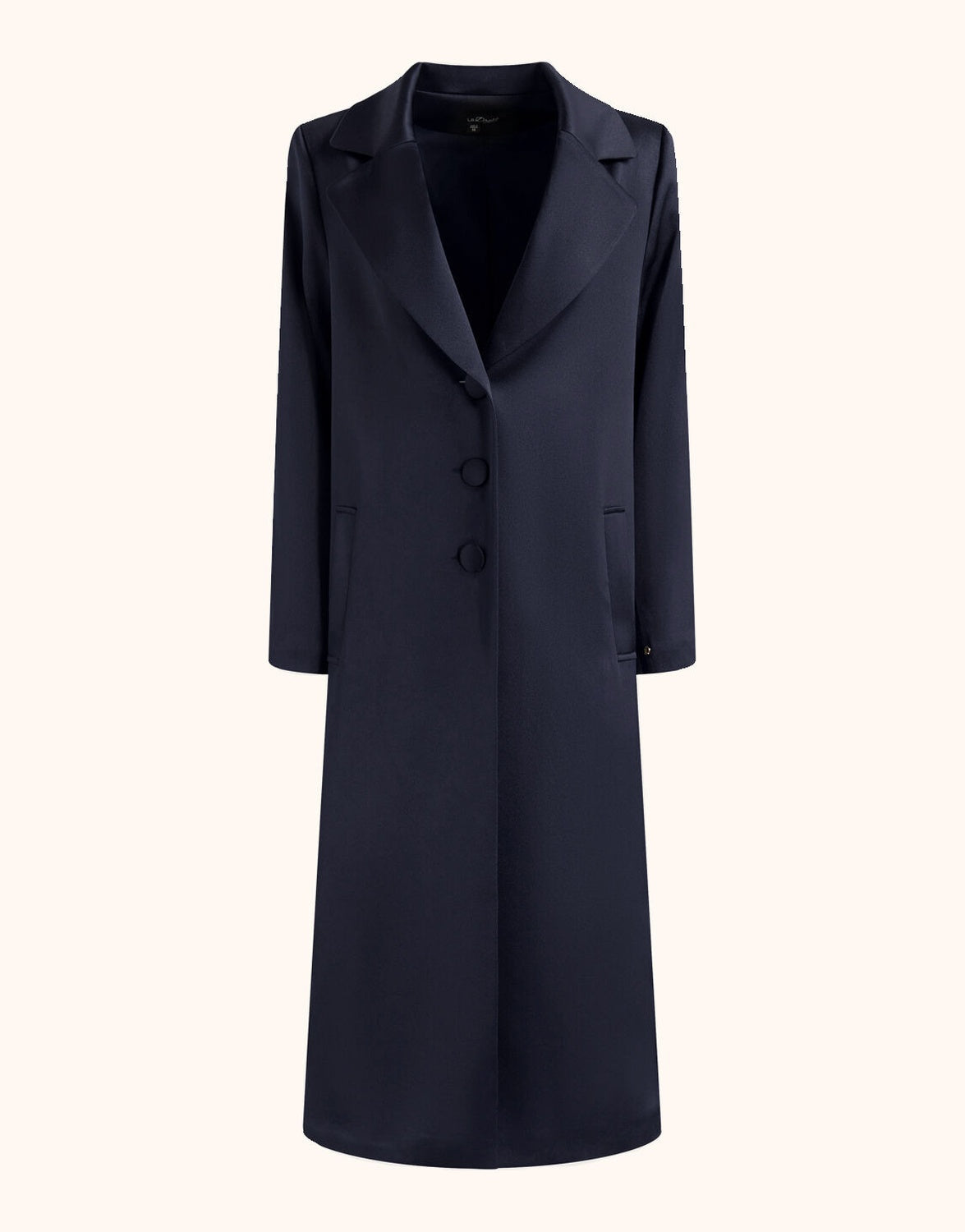 Packshot of the Vivianne Midnight Blue Satin coat in crepe satin with three buttons.