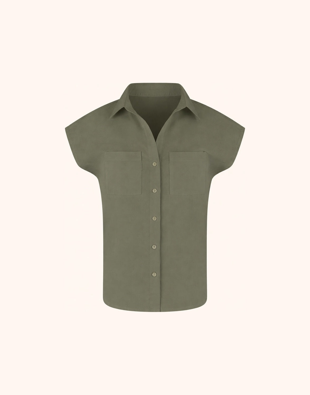 Packshot of the Bo Olive blouse in cotton stretch poplin with short sleeves and two chest pockets.