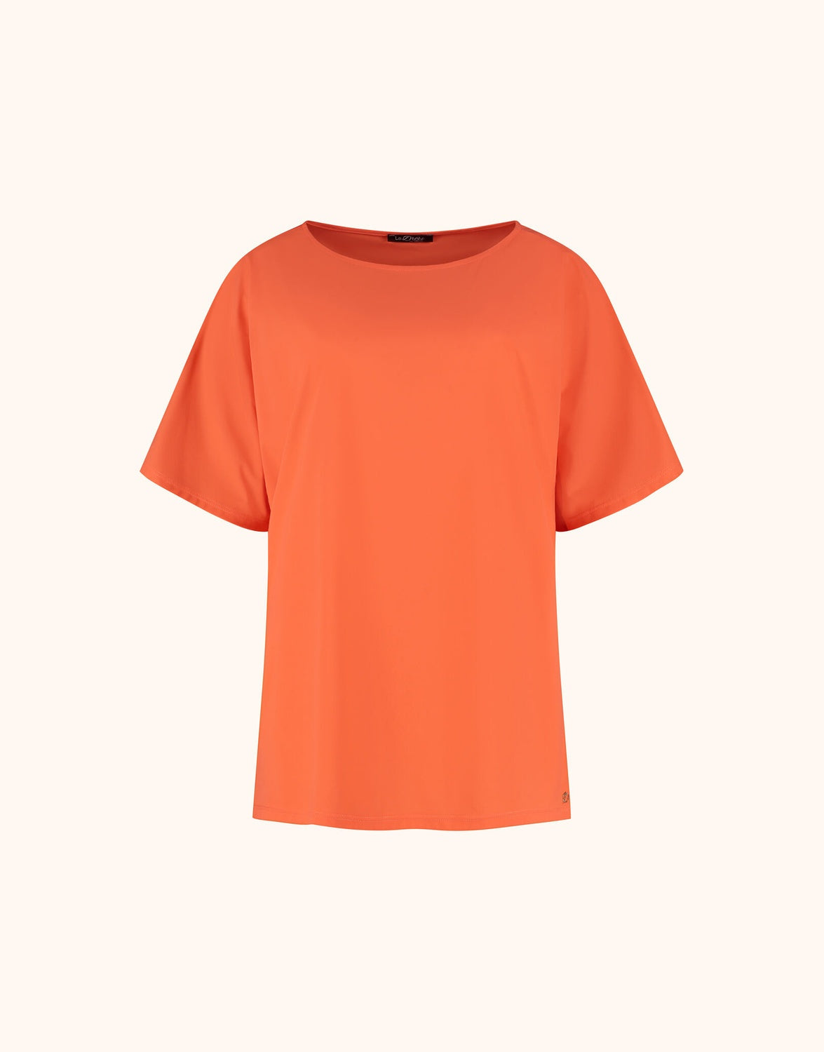 Packshot of the Sasha Soft Orange top in jersey lycra with a boat neck and short sleeves.
