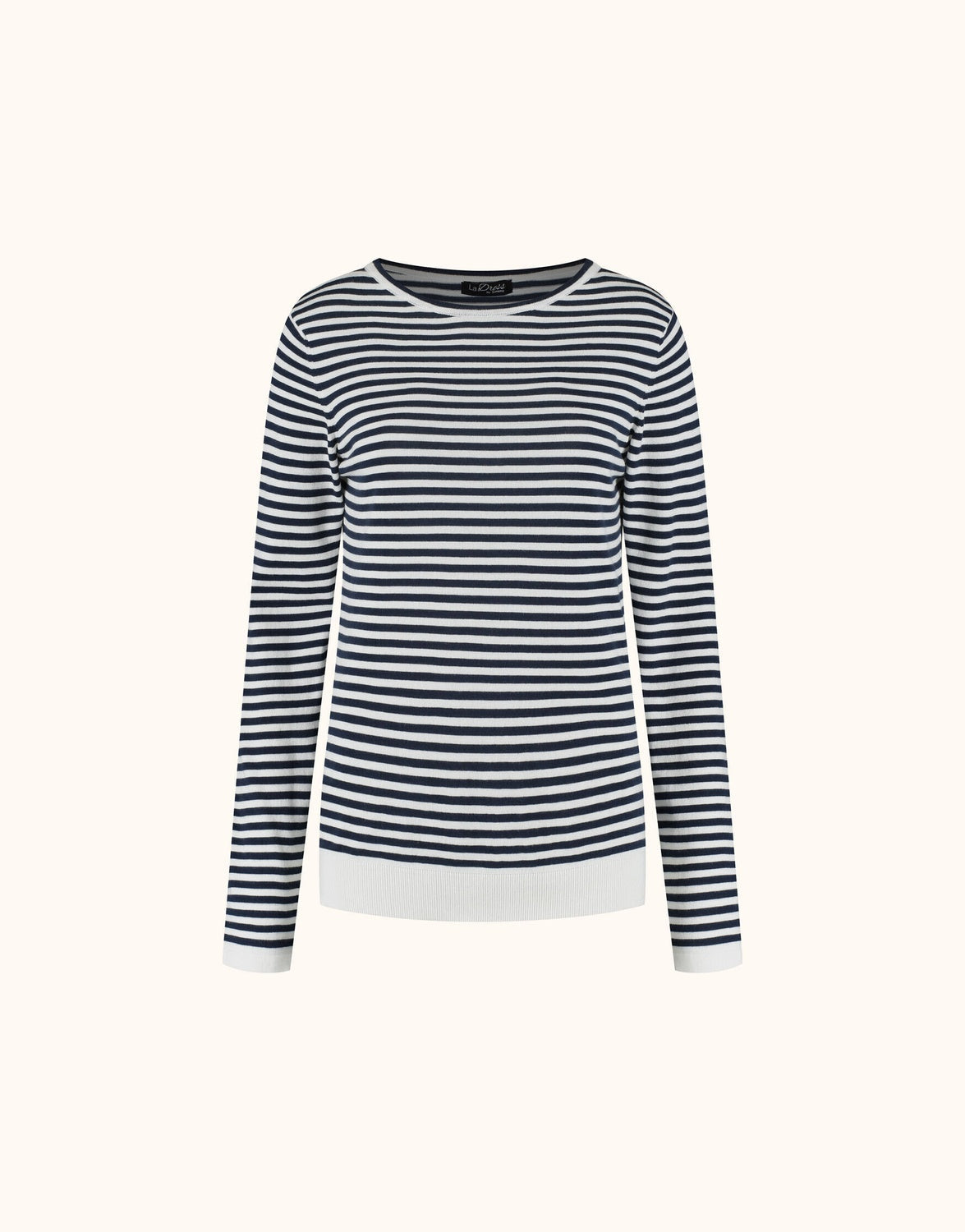 Packshot of the Posie Midnight Blue Stripe jumper in organic cotton knit with stripes.