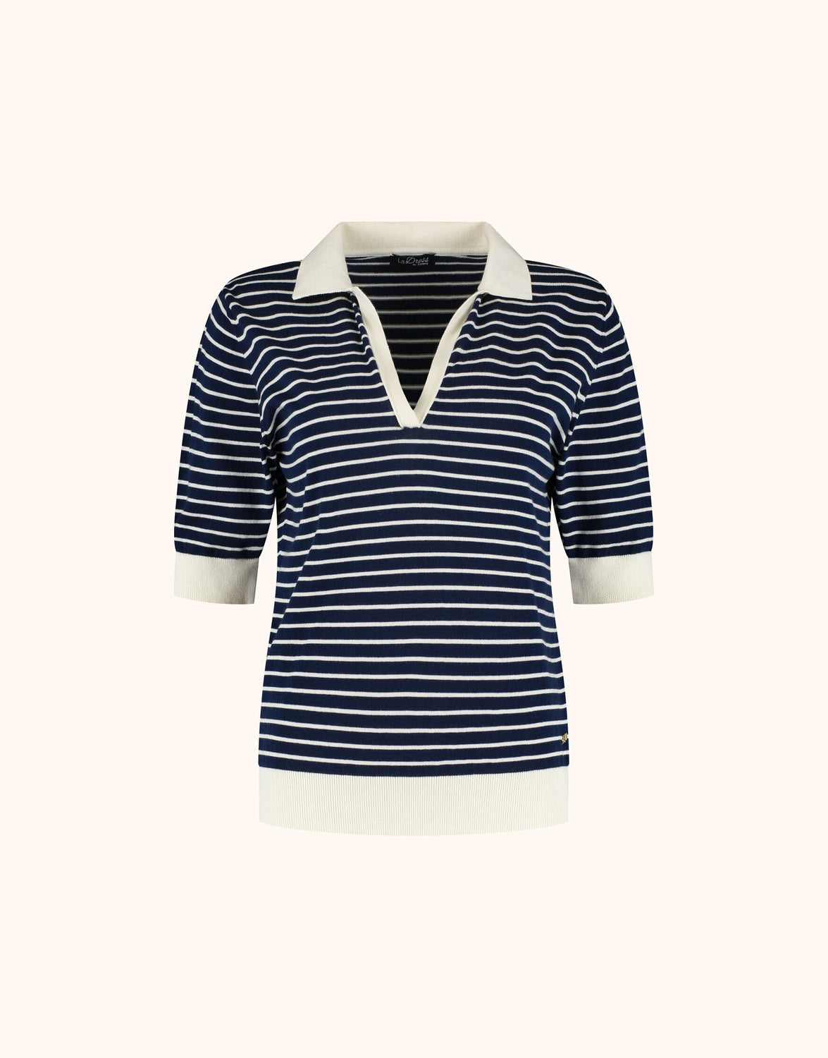 Packshot of the Charly Midnight Blue Stripe top in organic certified cotton with an open collar.