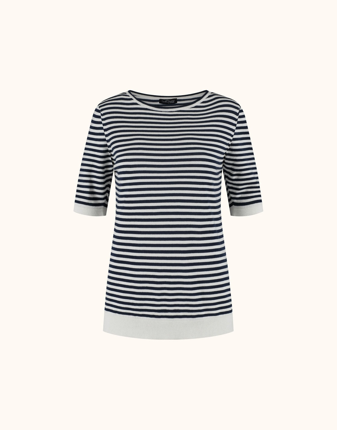 Packshot of the Caitlyn Black Stripe jumper in organic cotton knit with short sleeves and a round neck.