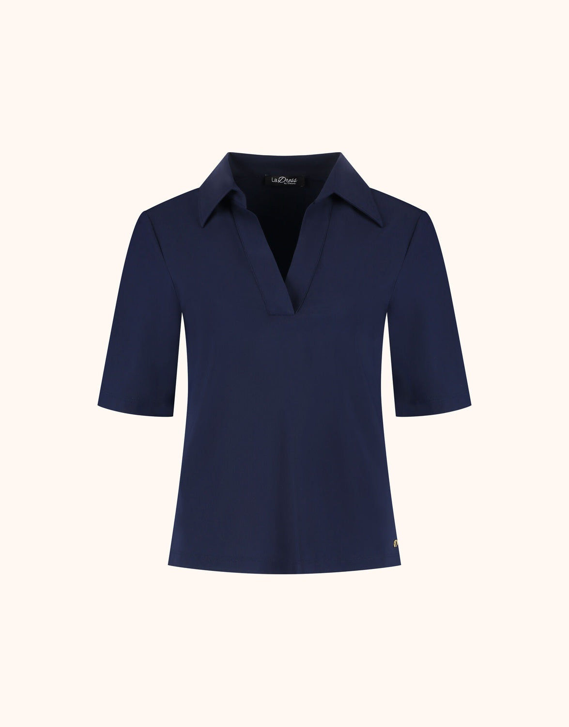 Packshot of the Evi Midnight Blue top in jersey lycra with a polo collar and short sleeves.