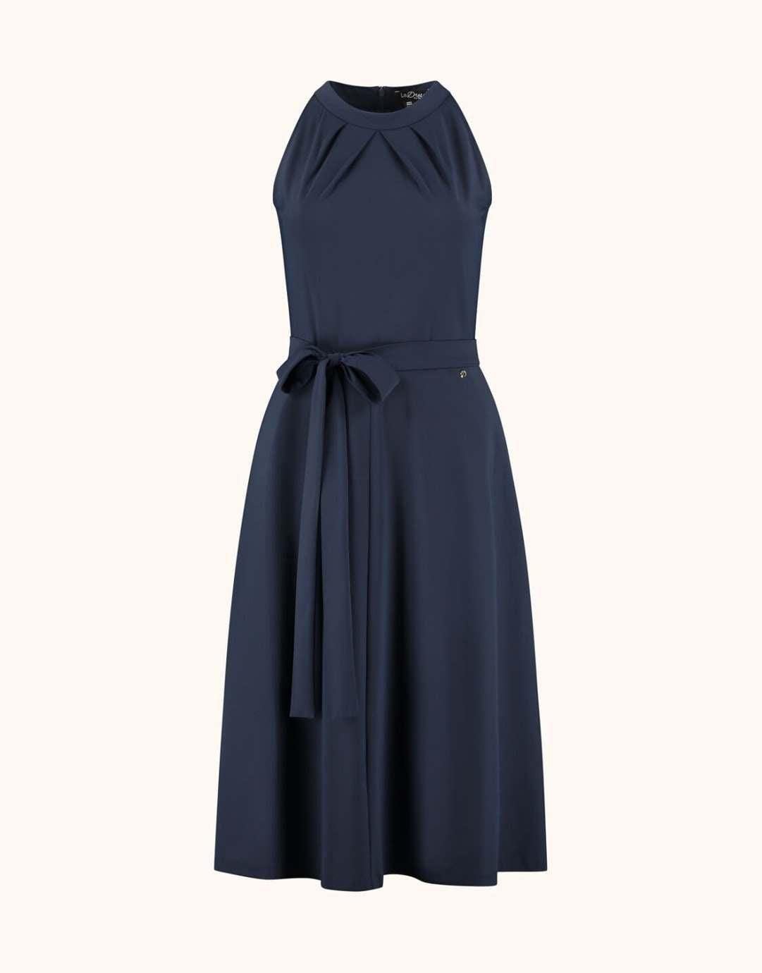 Packshot of the Juno Midnight Blue dress in jersey lycra with a tie belt and full skirt.