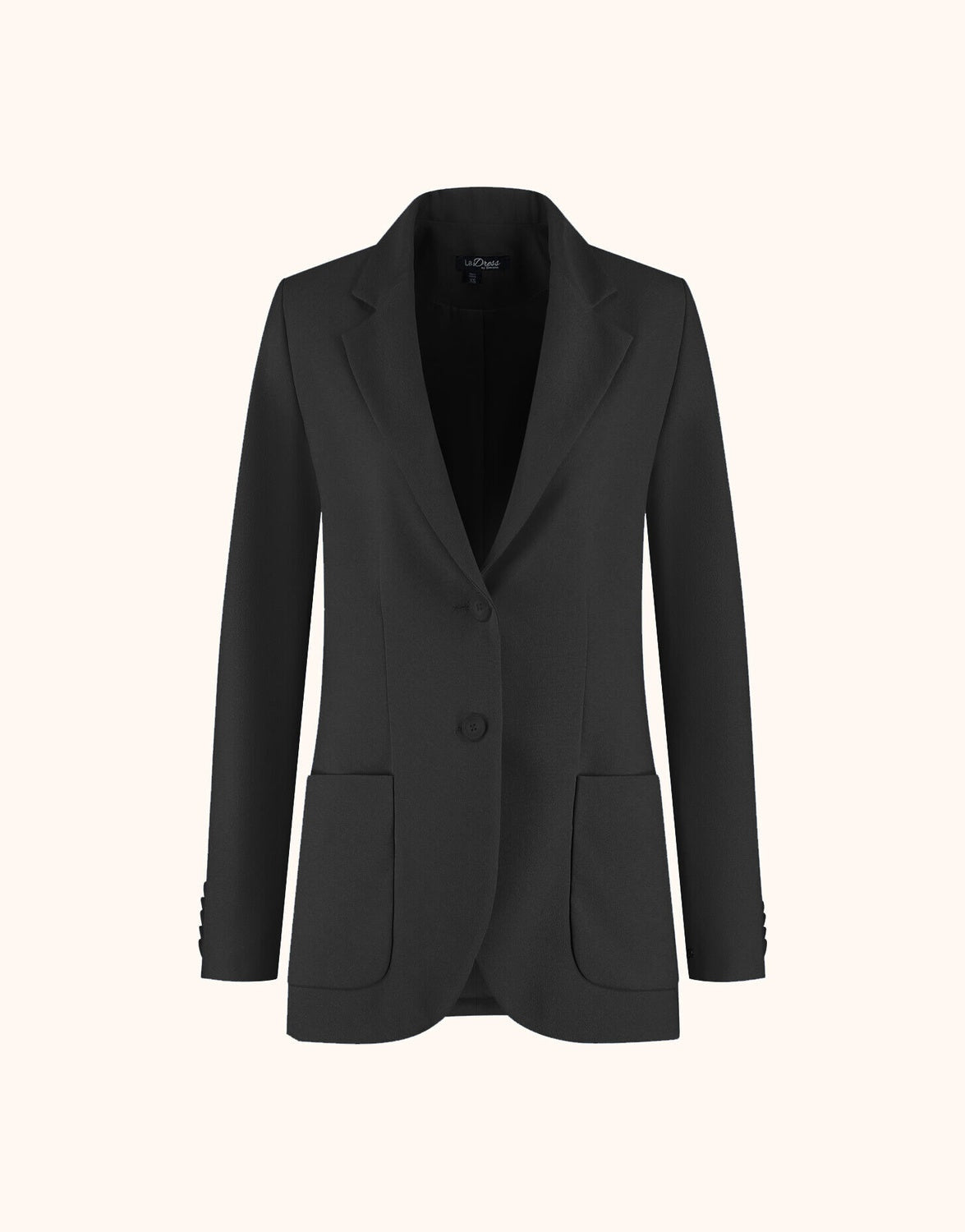 Packshot of the Carey Black blazer in crepe satin with notch lapels and a single button.