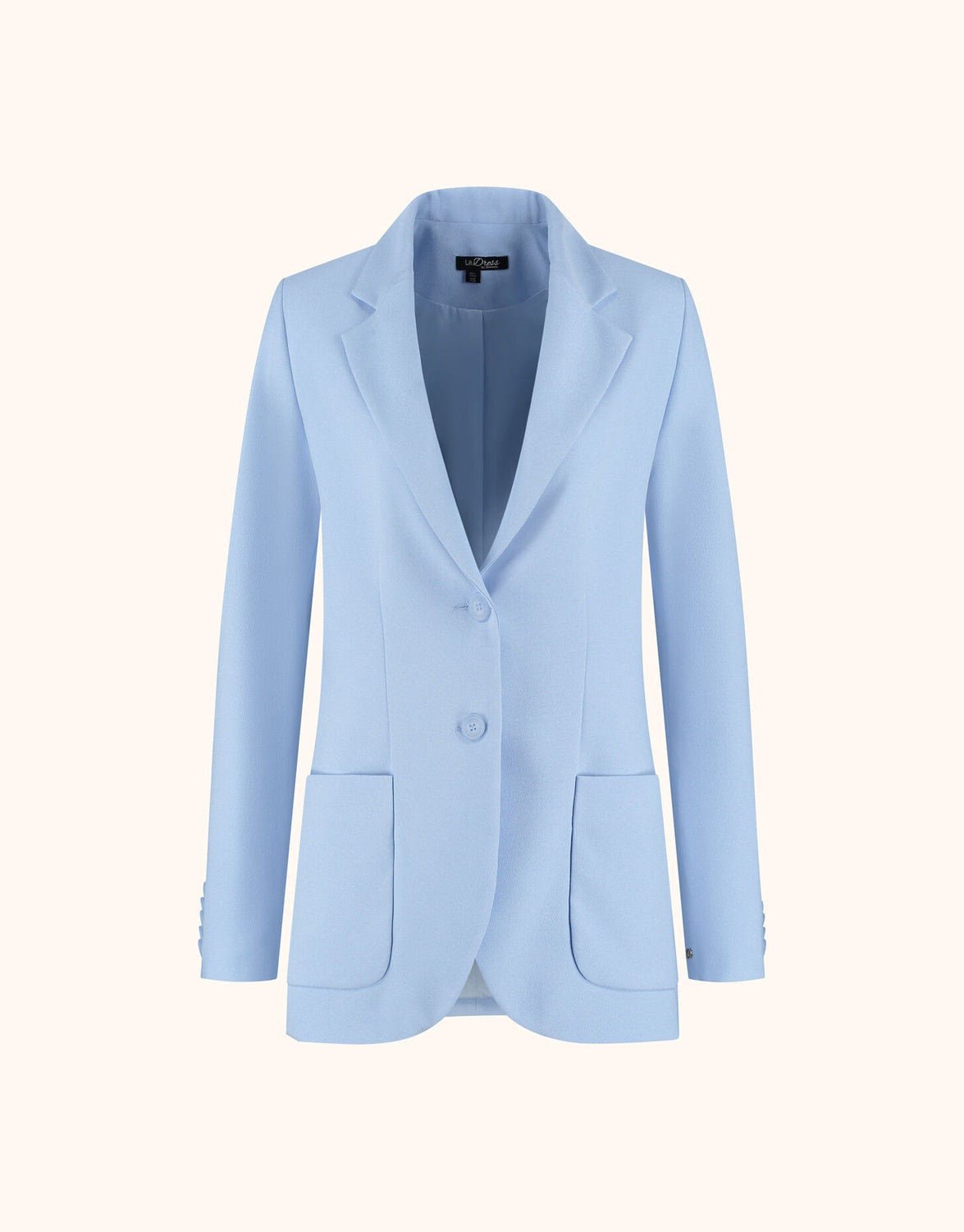 Packshot of the Carey Sky Blue blazer in crepe satin with notch lapels and two buttons.