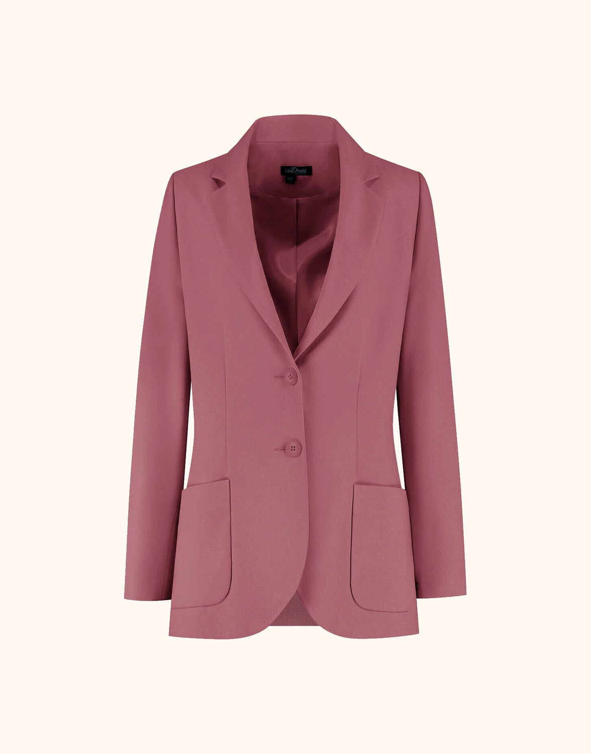 Packshot of the Carey Dusty Pink blazer in crepe satin with notch lapels and two buttons.