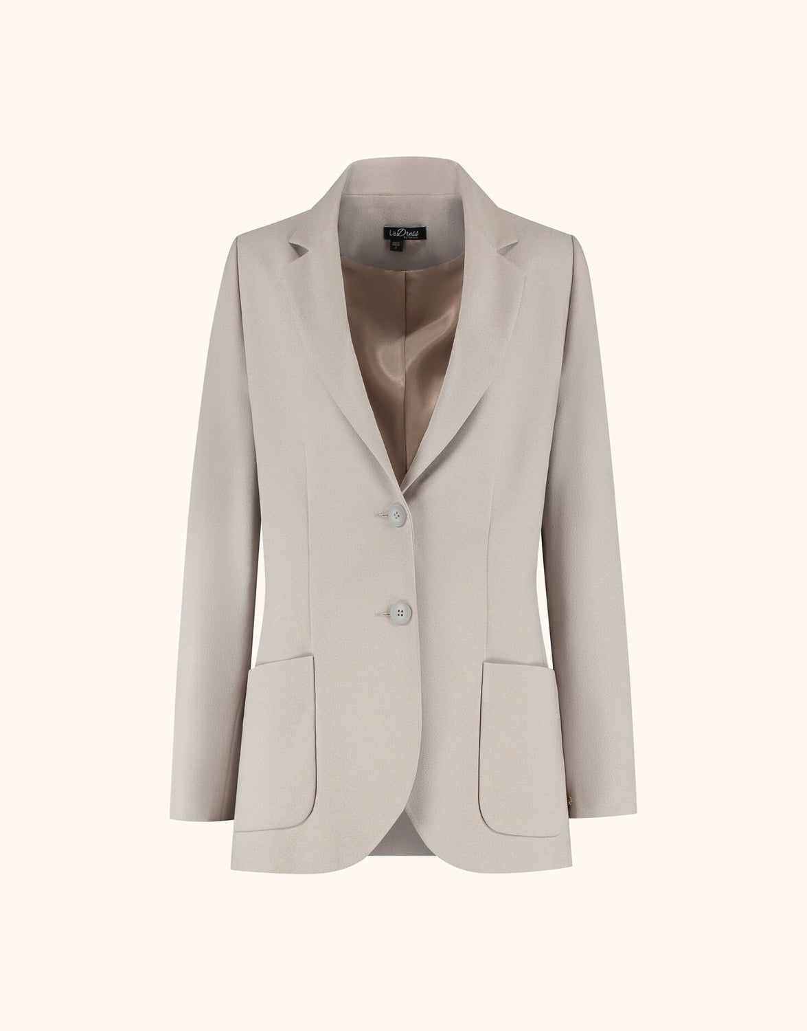 Packshot of the Carey Pebble blazer in crepe satin with notch lapels and two buttons.