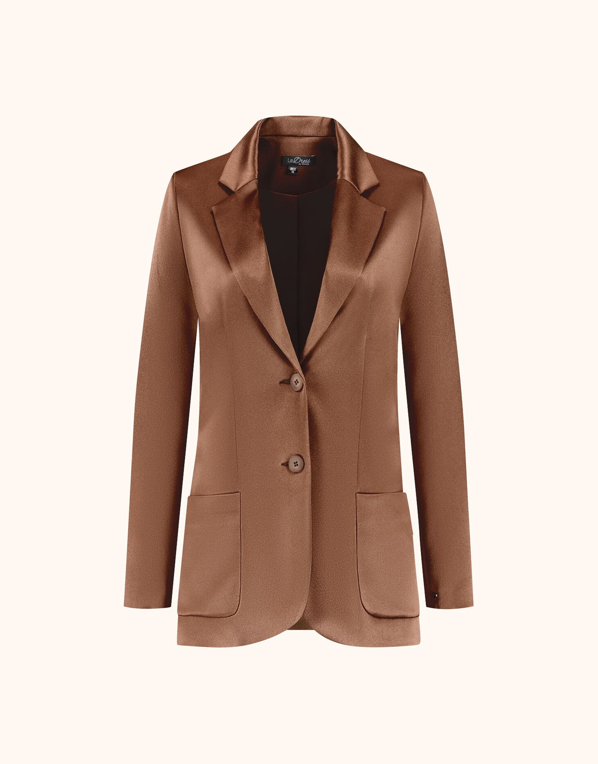 Packshot of the Carey Cacao Brown Satin blazer in crepe satin with notch lapels and two buttons.