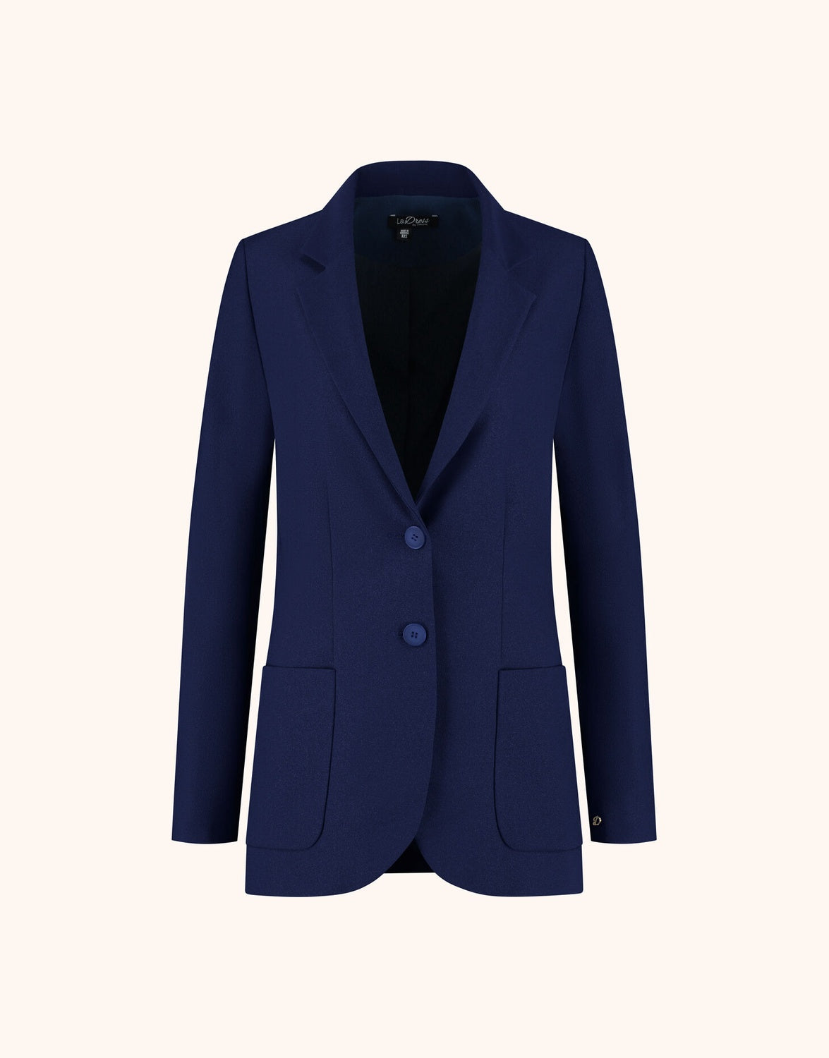 Packshot of the Carey Sapphire Blue blazer in crepe satin with notch lapels and two buttons.