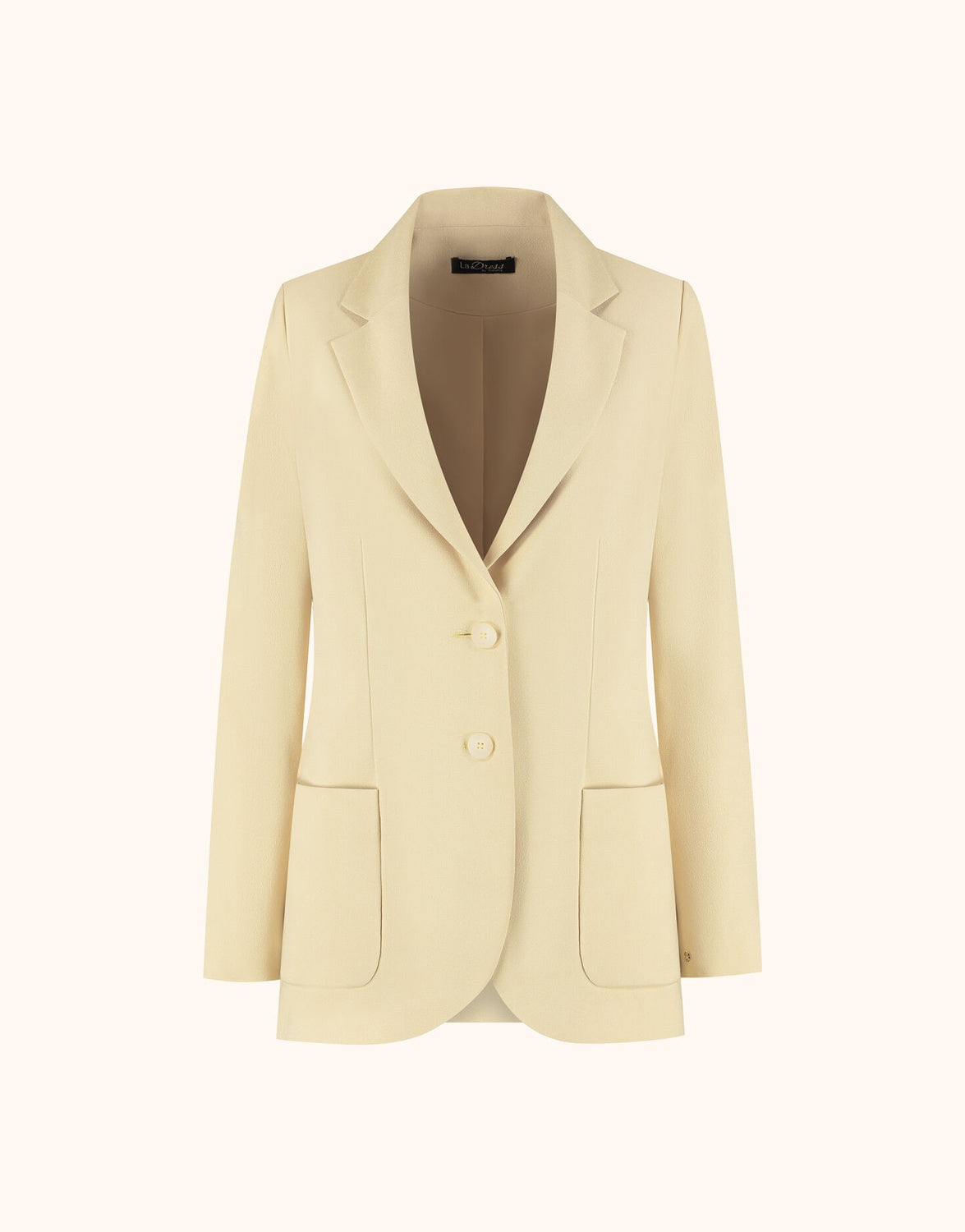 Packshot of the Carey Buttery yellow blazer in crepe satin with notch lapels and two buttons.