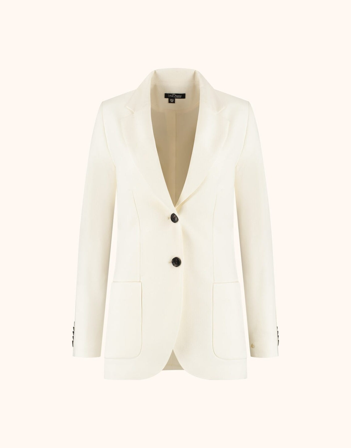 Packshot of the Carey Ivory blazer in crepe satin with notch lapels and two dark buttons.