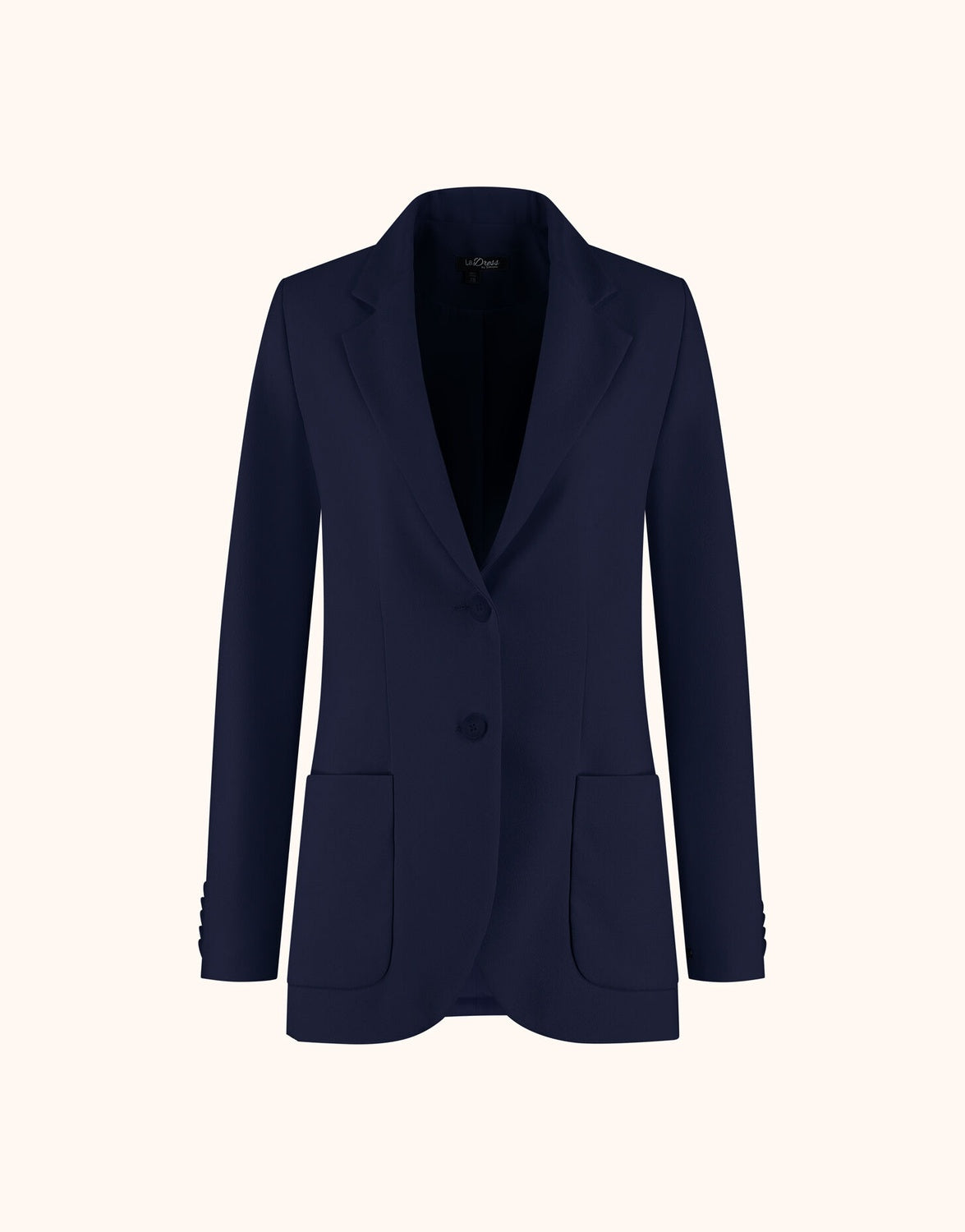 Packshot of the Carey Midnight Blue blazer in crepe satin with notch lapels and a single button.