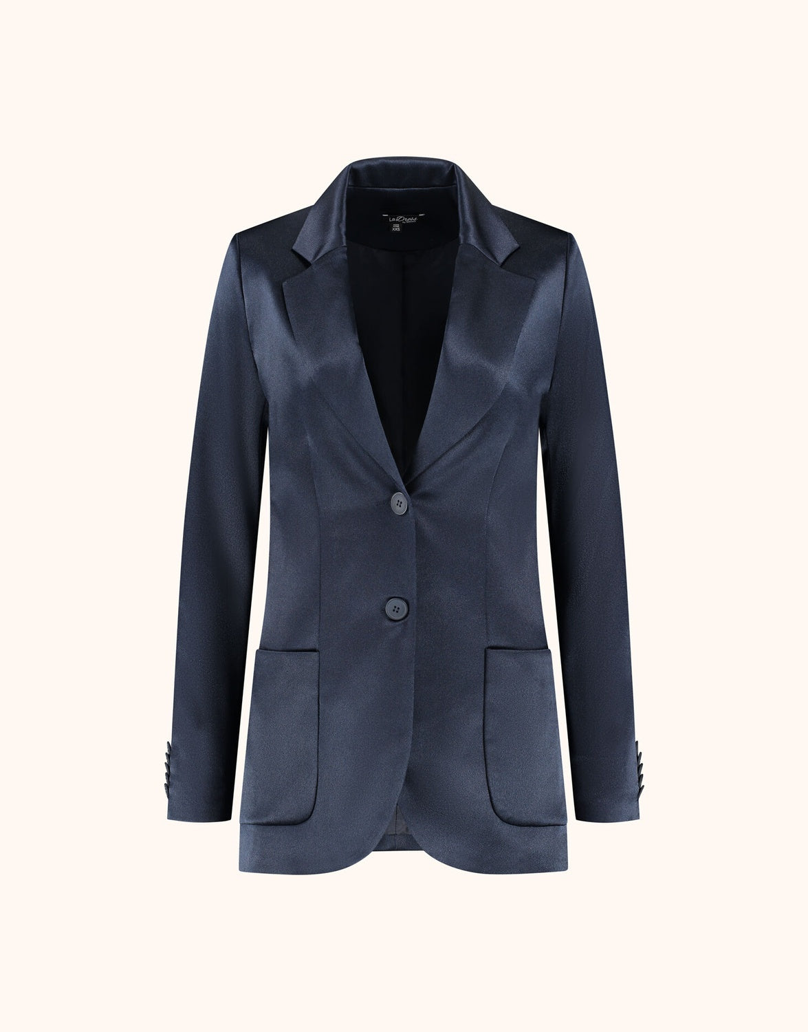 Packshot of the Carey Midnight Blue Satin blazer in crepe satin with satin lapels and two buttons.