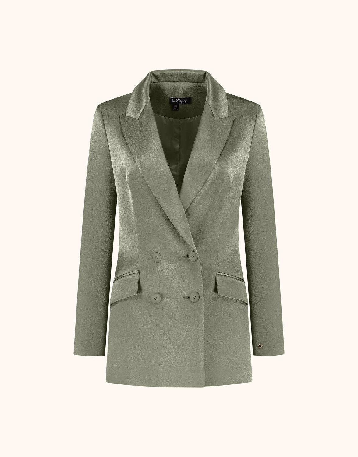 Packshot of the Juliette Olive Satin blazer in crepe satin with a double-breasted front.