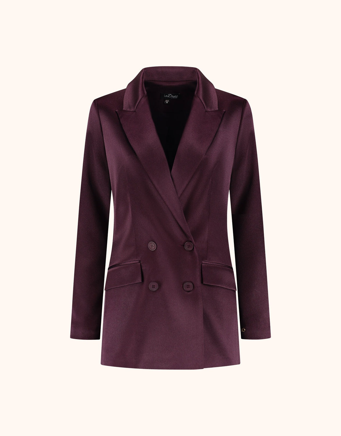 Packshot of the Juliette Deep Aubergine Satin blazer in crepe satin, double-breasted.