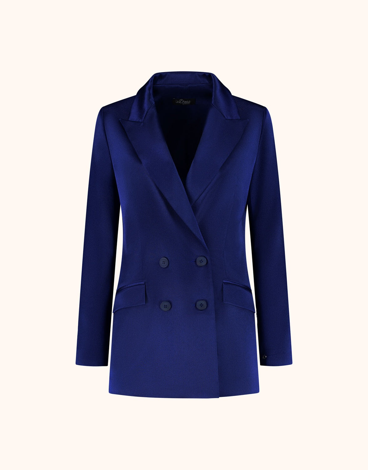 Packshot of the Juliette Sapphire Blue Satin blazer in crepe satin, double-breasted.