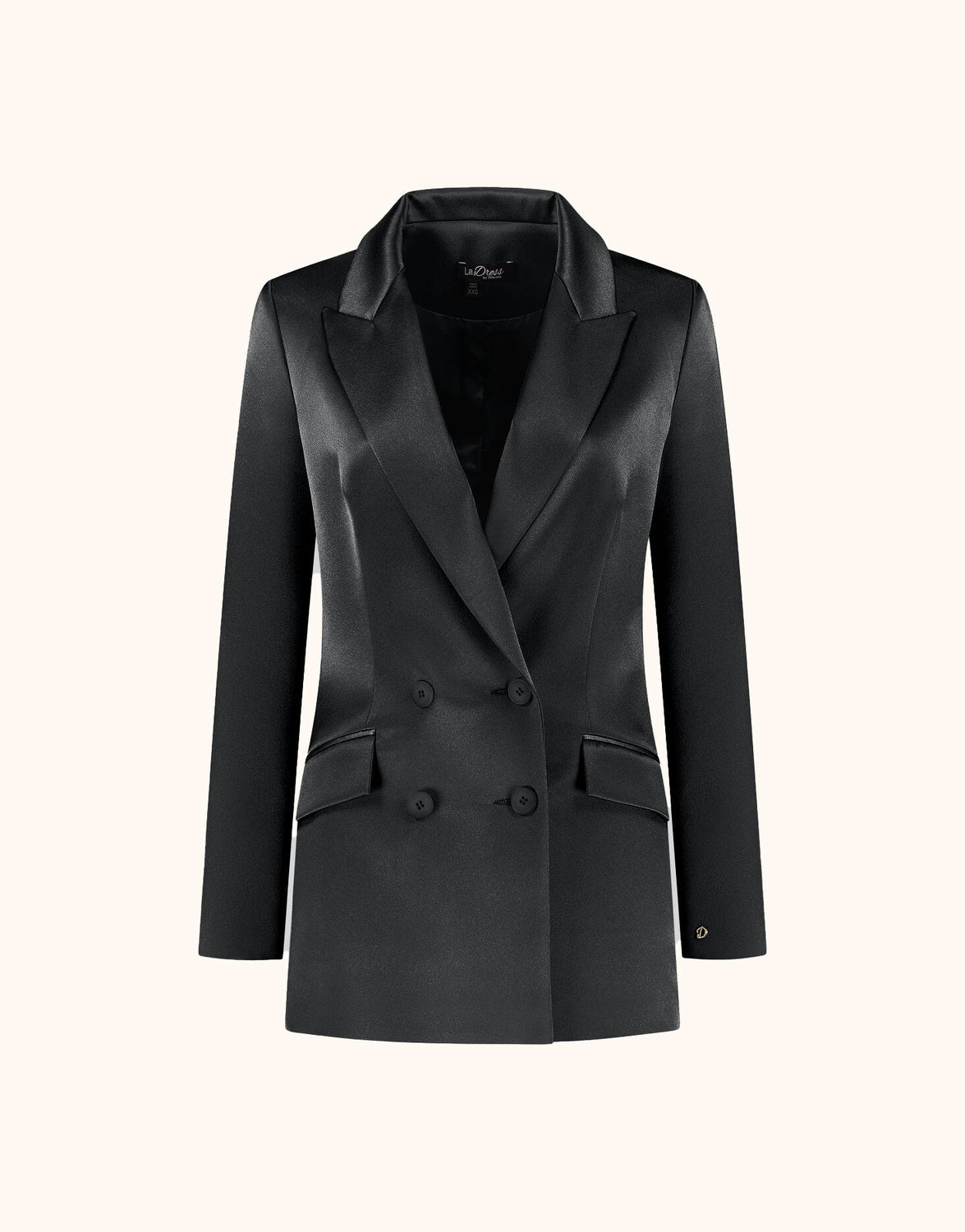 Packshot of the Juliette Black Satin blazer in crepe satin with a double-breasted front.