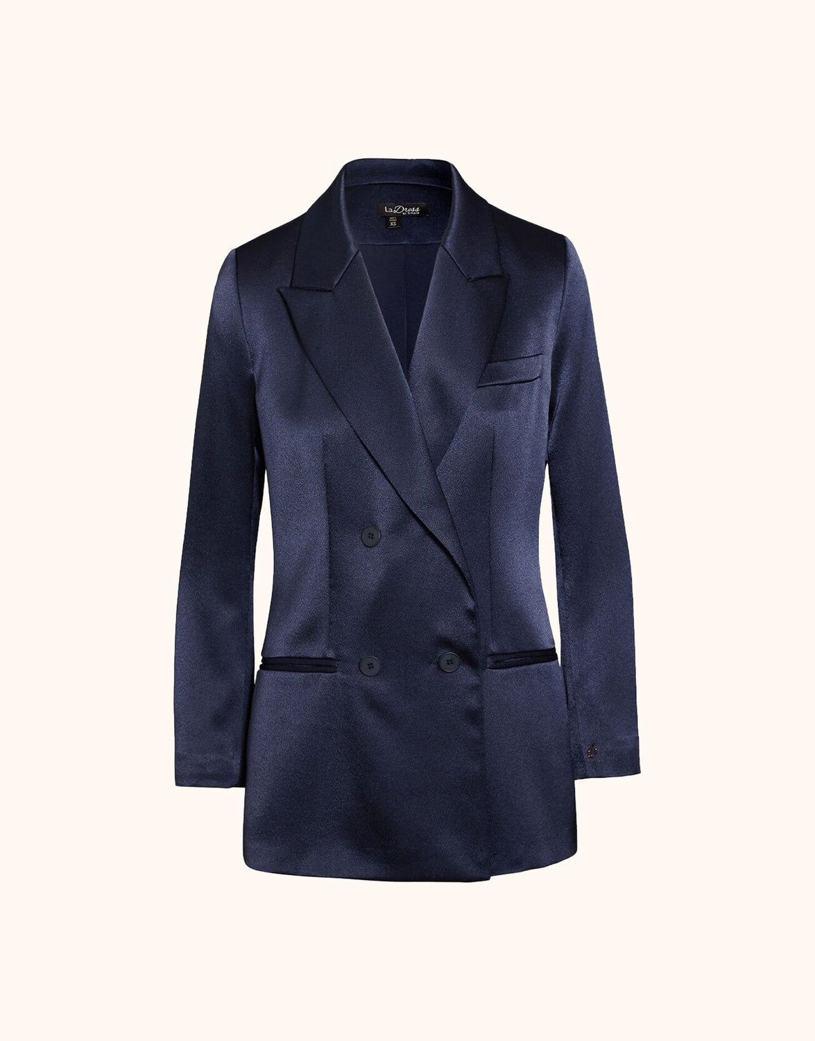 Packshot of the Halle Midnight Blue Satin blazer in crepe satin with a double-breasted front.