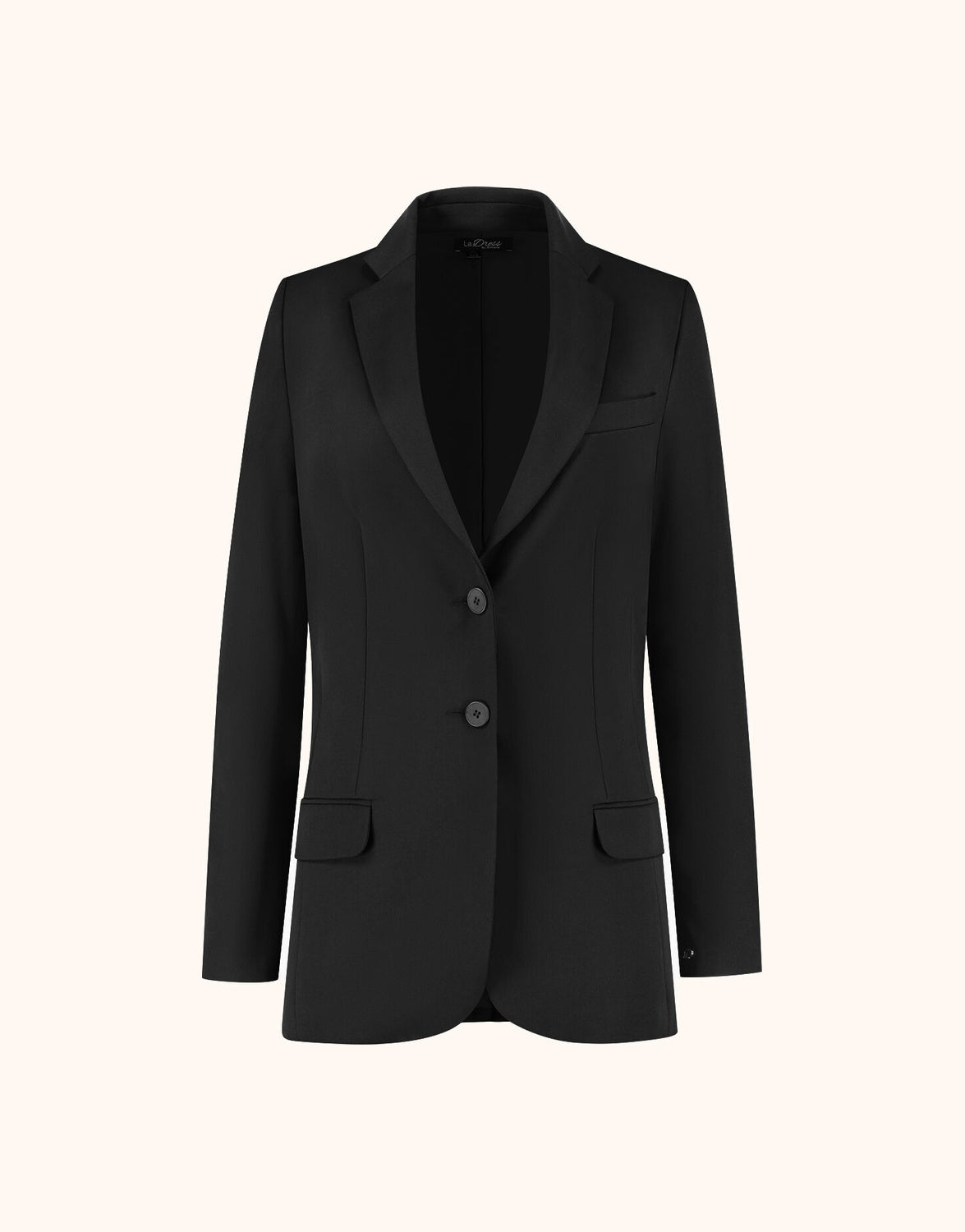 Packshot of the Beau Black blazer with notch lapels and a two button front.