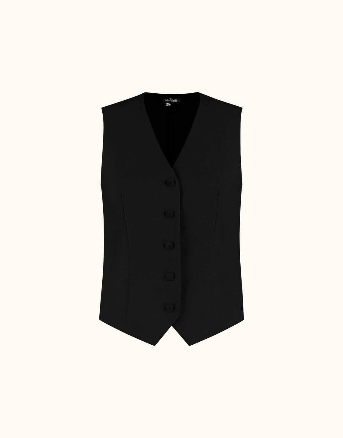 Packshot of the Charlize Black waistcoat in crepe satin with a V-neck and five buttons.
