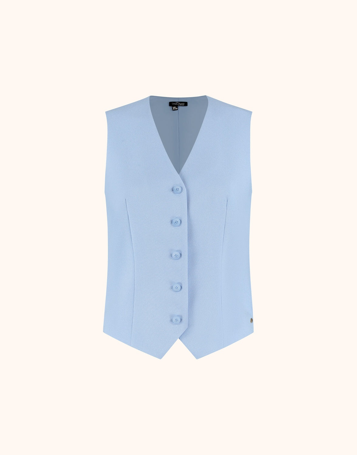 Packshot of the Charlize Sky Blue waistcoat in crepe satin with a V-neck and five buttons.