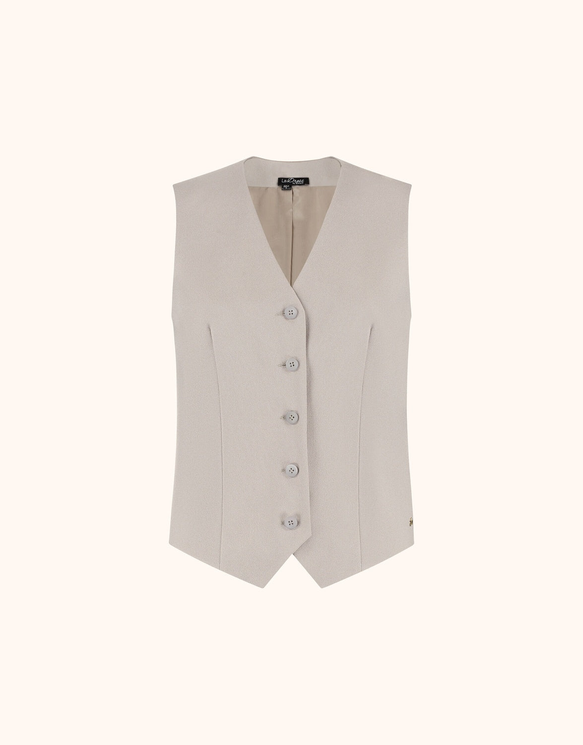 Packshot of the Charlize Pebble waistcoat in crepe satin with a V-neck and five buttons.