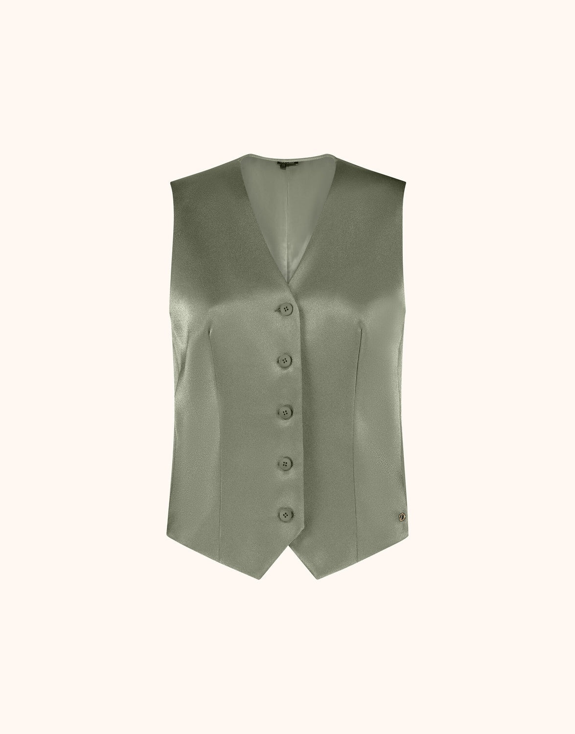 Packshot of the Charlize Olive Satin waistcoat in crepe satin with a V-neck and five buttons.