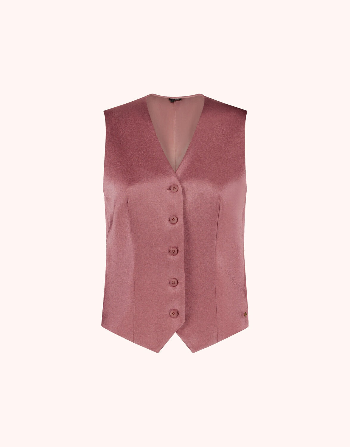 Packshot of the Charlize Dusty Pink Satin waistcoat in crepe satin with a V-neck and buttons.
